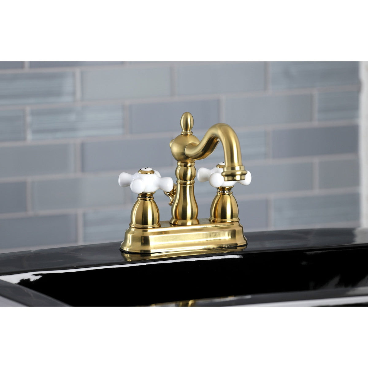 Heritage Double-Handle 4" Centerset Bathroom Faucet with Pop-Up Drain in Brushed Brass