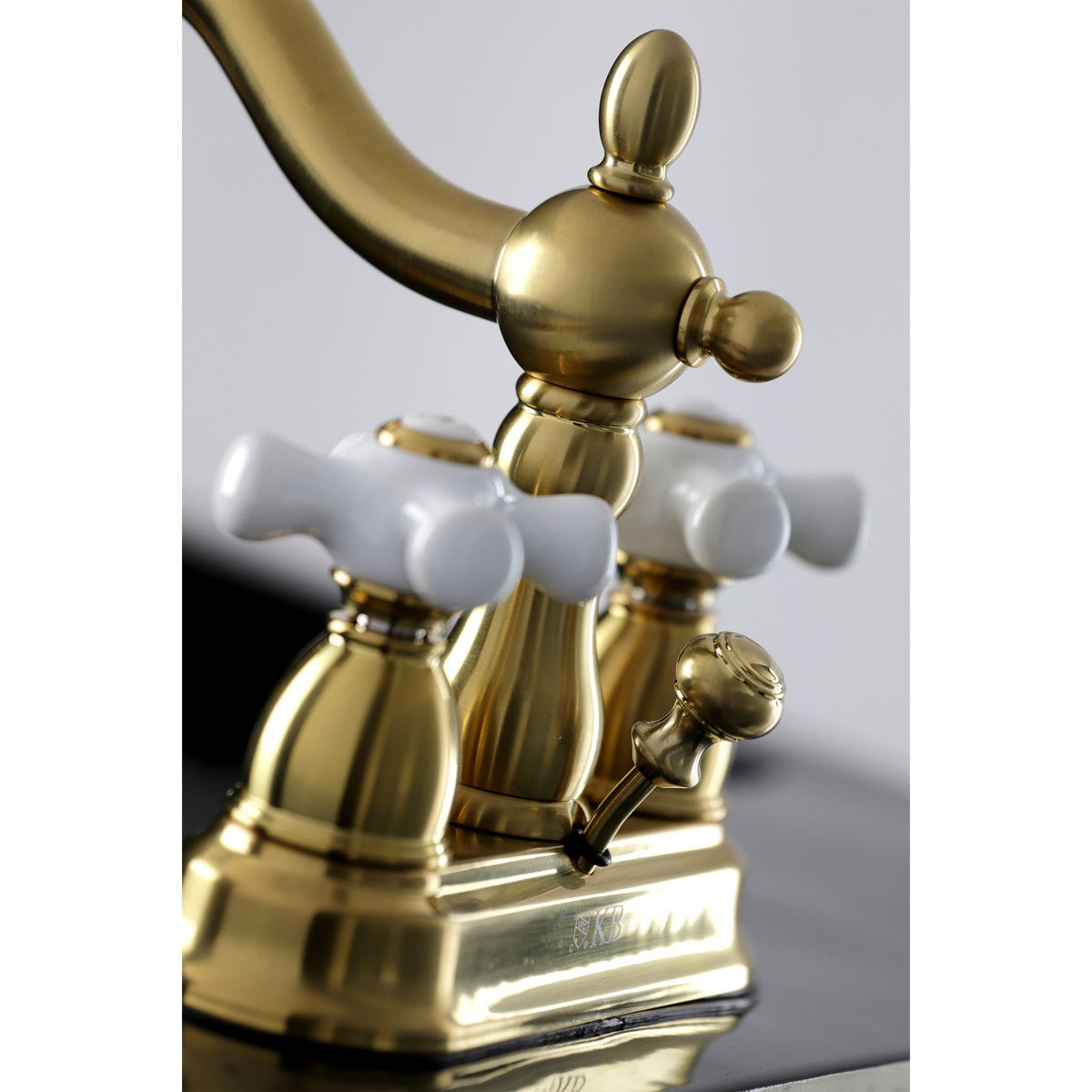 Heritage Double-Handle 4" Centerset Bathroom Faucet with Pop-Up Drain in Brushed Brass