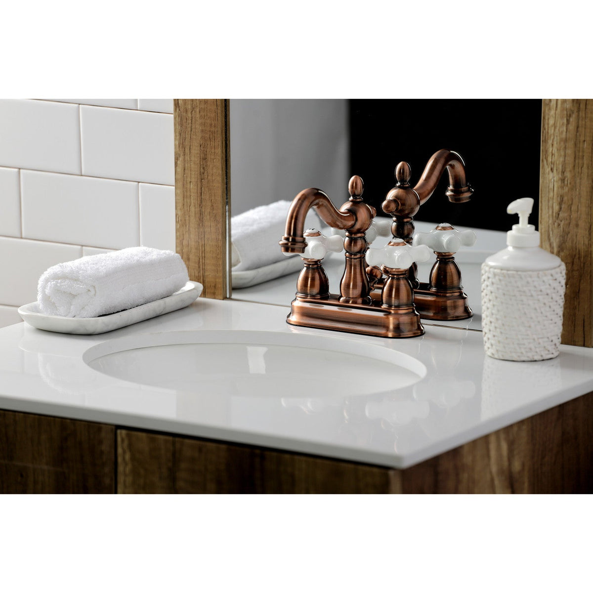 Heritage Double-Handle 4" Centerset Bathroom Faucet with Pop-Up Drain in Antique Copper