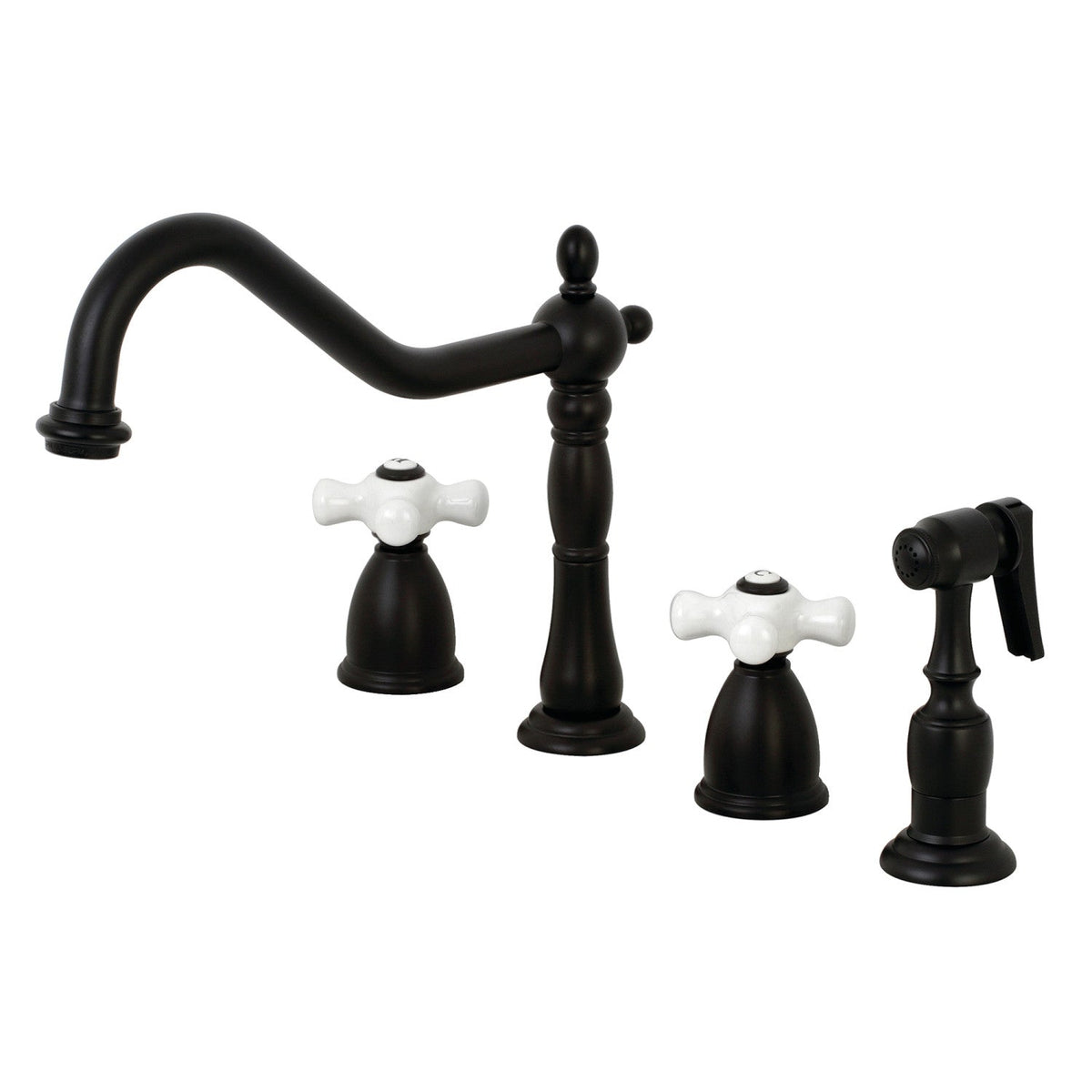 Heritage Double-Handle Widespread Kitchen Faucet with Brass Sprayer in Matte Black