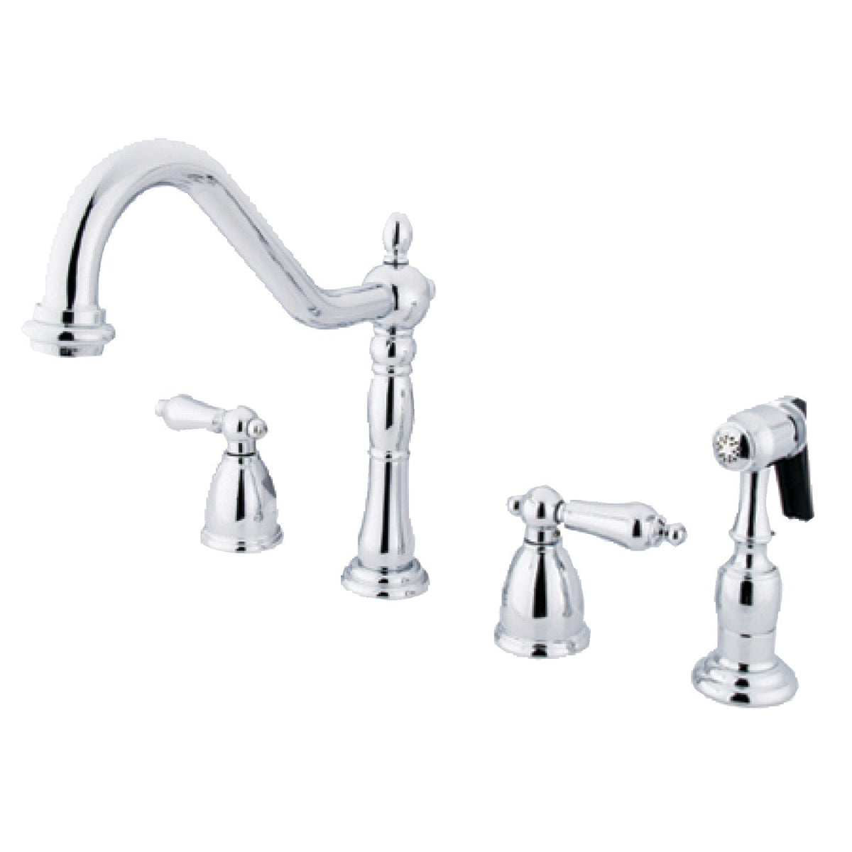 Heritage Double-Handle Widespread Kitchen Faucet with Brass Sprayer in Polished Chrome
