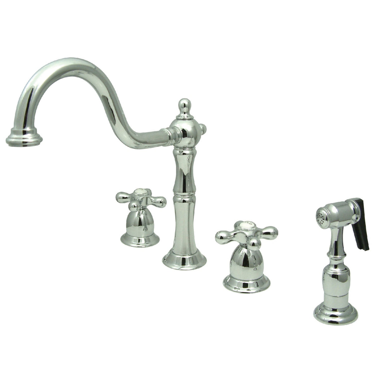 Heritage Double-Handle Widespread Kitchen Faucet with Brass Sprayer in Polished Chrome