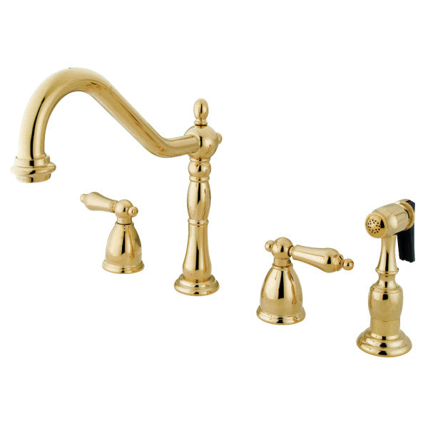 Heritage Double-Handle Widespread Kitchen Faucet with Brass Sprayer in Polished Brass
