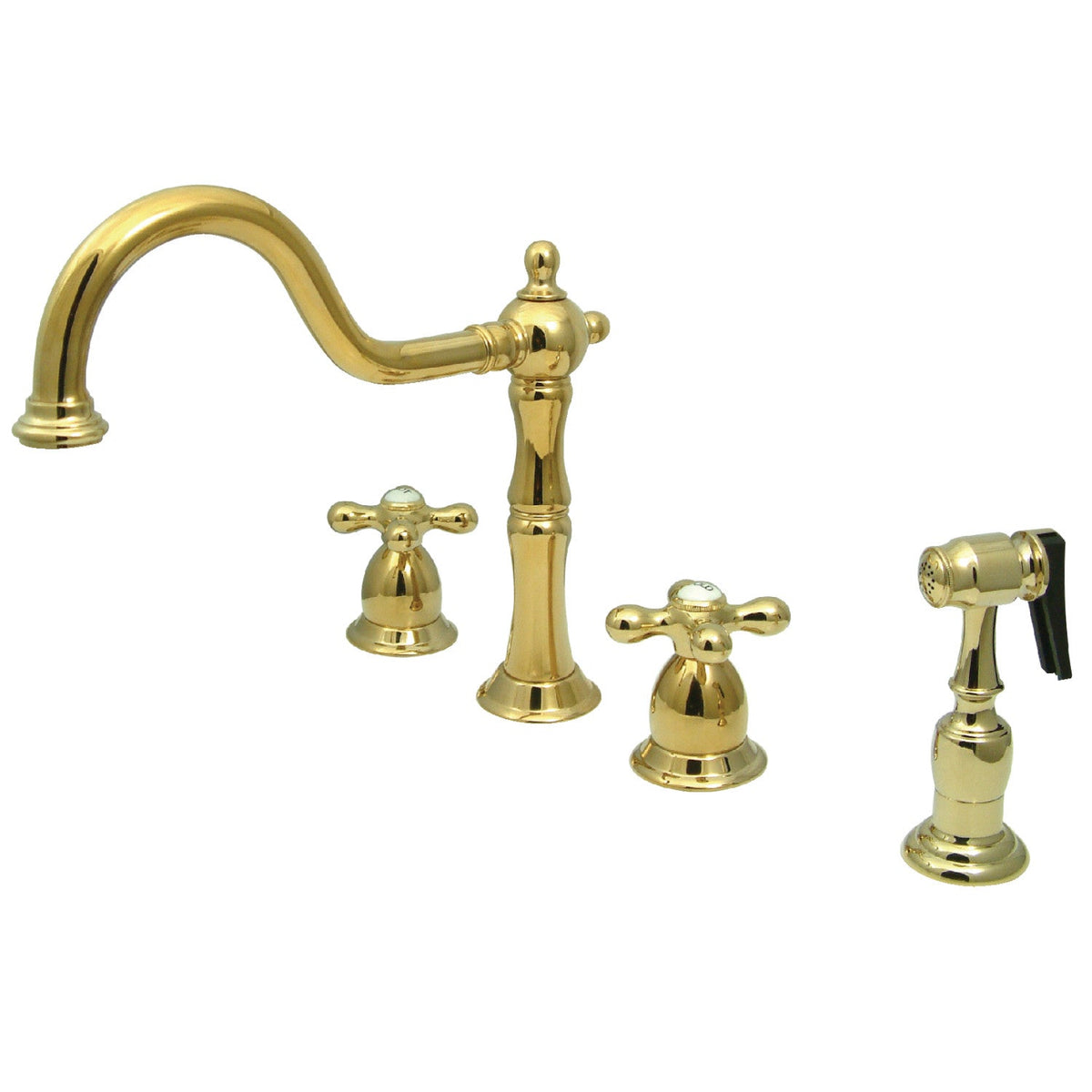 Heritage Double-Handle Widespread Kitchen Faucet with Brass Sprayer in Polished Brass