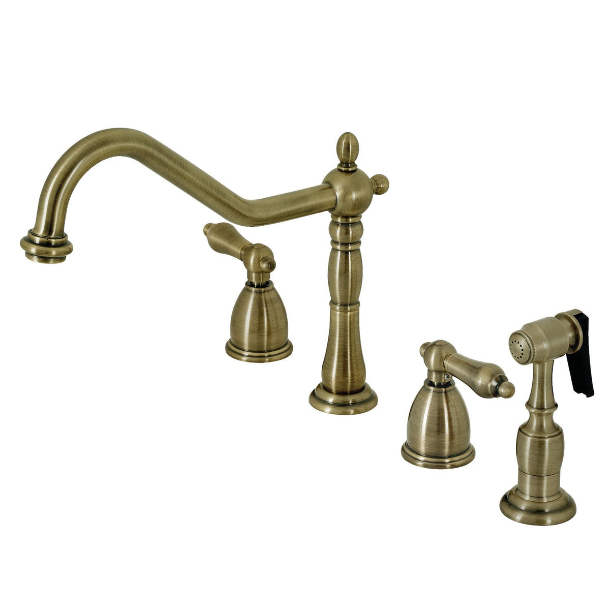 Heritage Double-Handle Widespread Kitchen Faucet with Brass Sprayer in Antique Brass