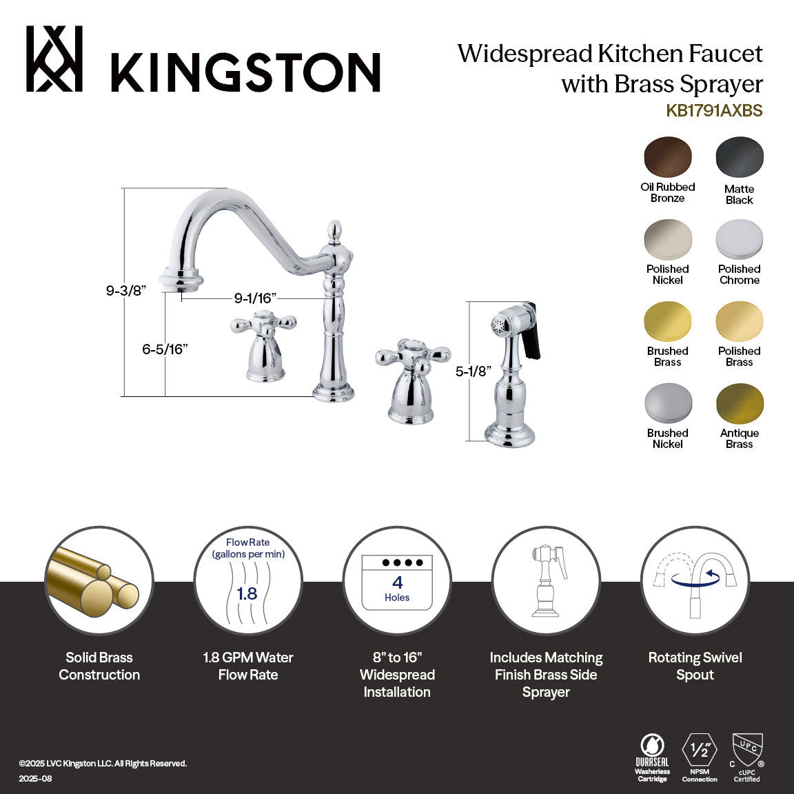 Heritage Double-Handle Widespread Kitchen Faucet with Brass Sprayer in Antique Brass