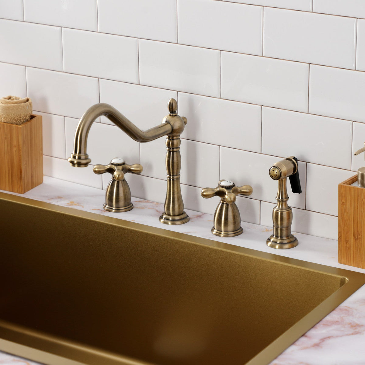 Heritage Double-Handle Widespread Kitchen Faucet with Brass Sprayer in Antique Brass