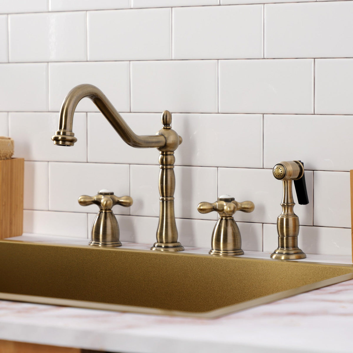 Heritage Double-Handle Widespread Kitchen Faucet with Brass Sprayer in Antique Brass