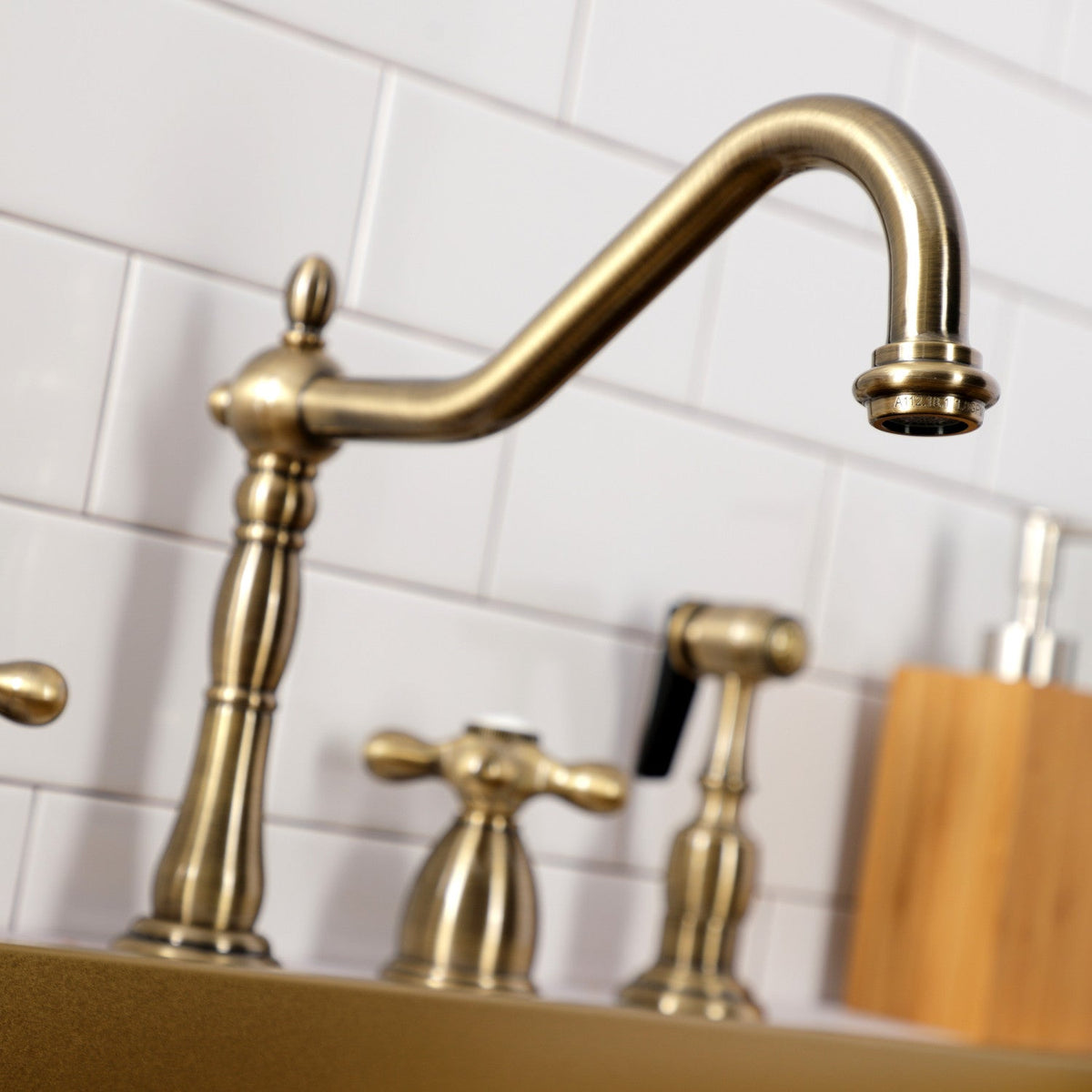 Heritage Double-Handle Widespread Kitchen Faucet with Brass Sprayer in Antique Brass