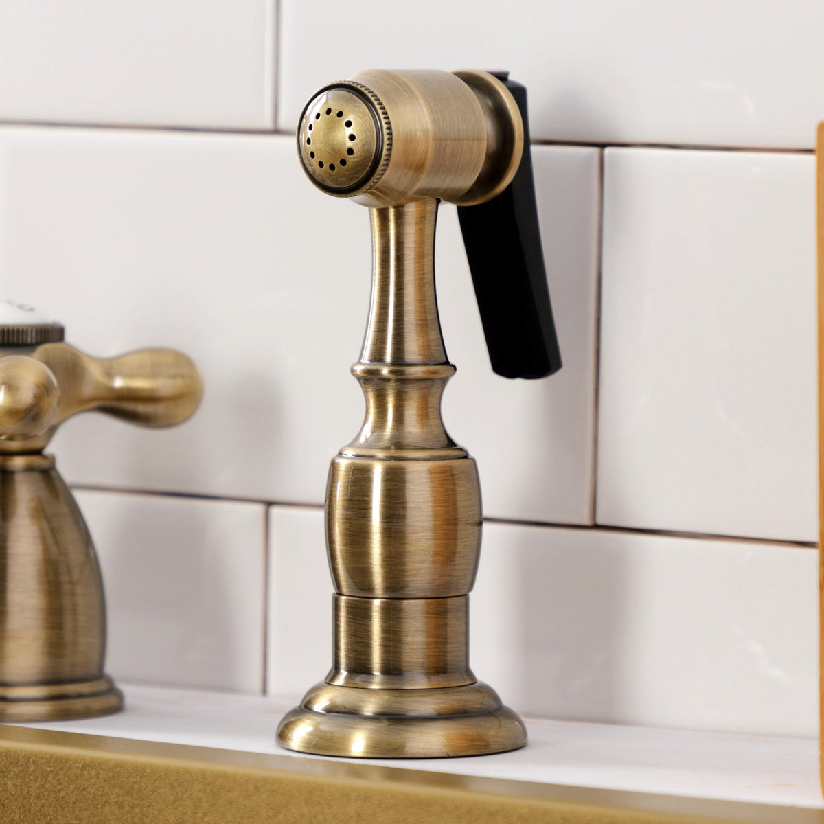 Heritage Double-Handle Widespread Kitchen Faucet with Brass Sprayer in Antique Brass