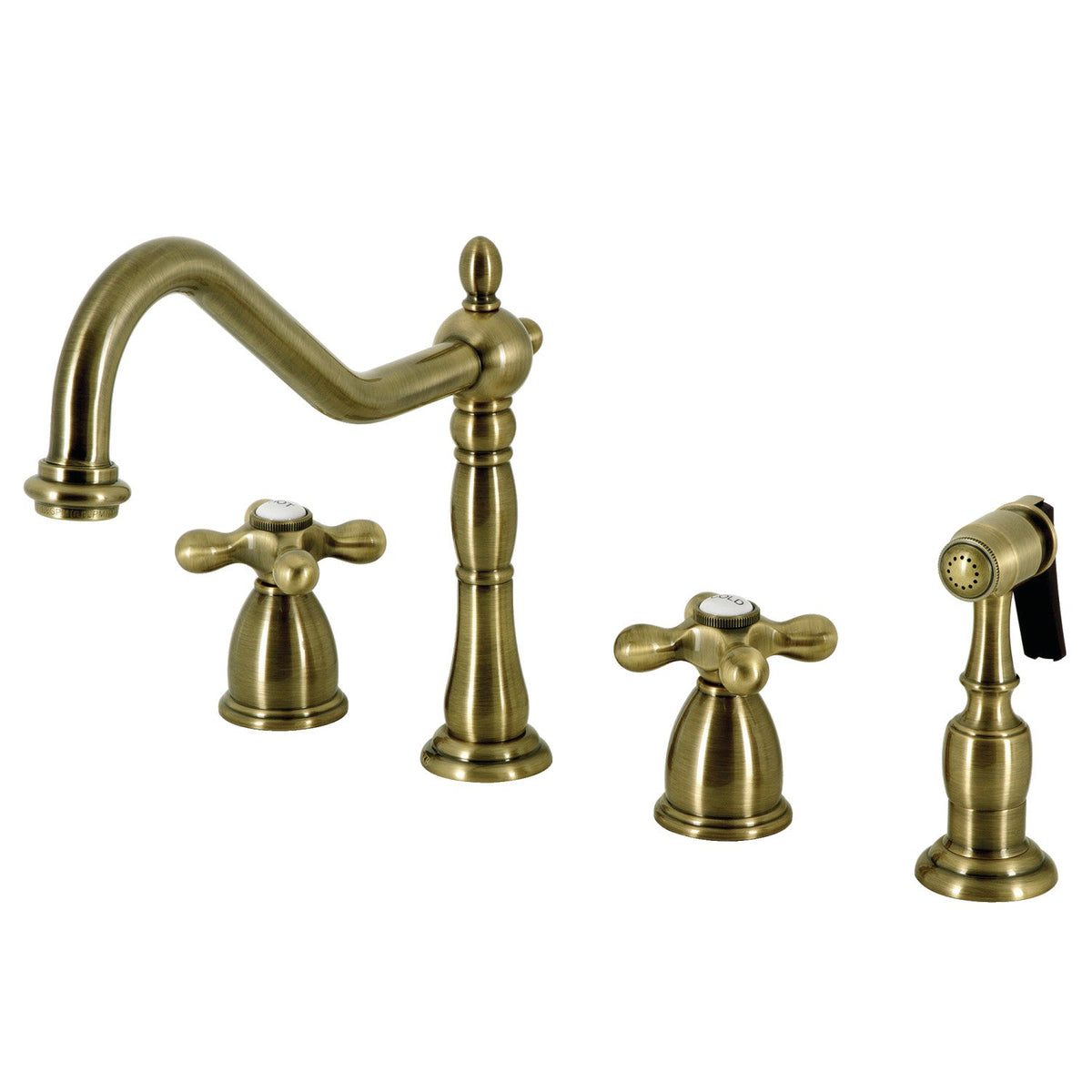 Heritage Double-Handle Widespread Kitchen Faucet with Brass Sprayer in Antique Brass