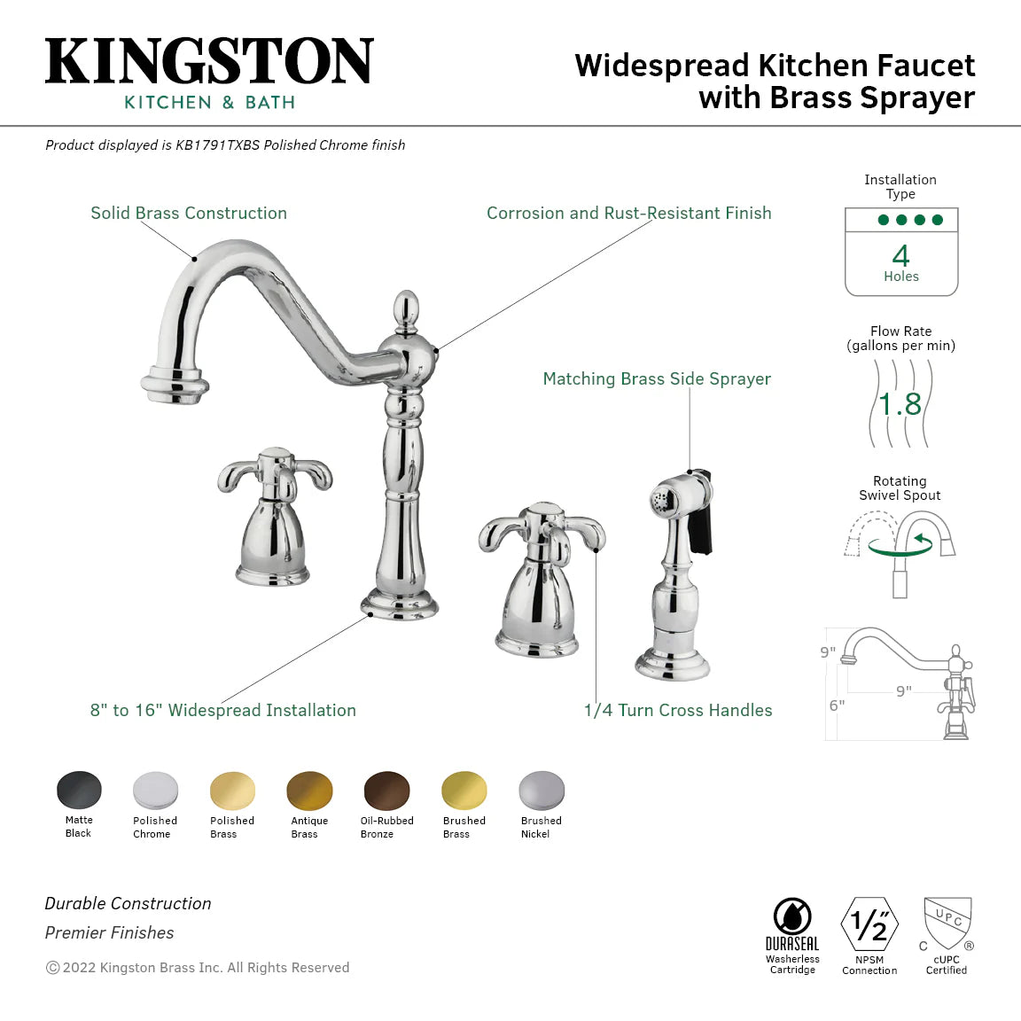 Widespread kitchen faucet diagram showing gooseneck spout, double handles, and side sprayer