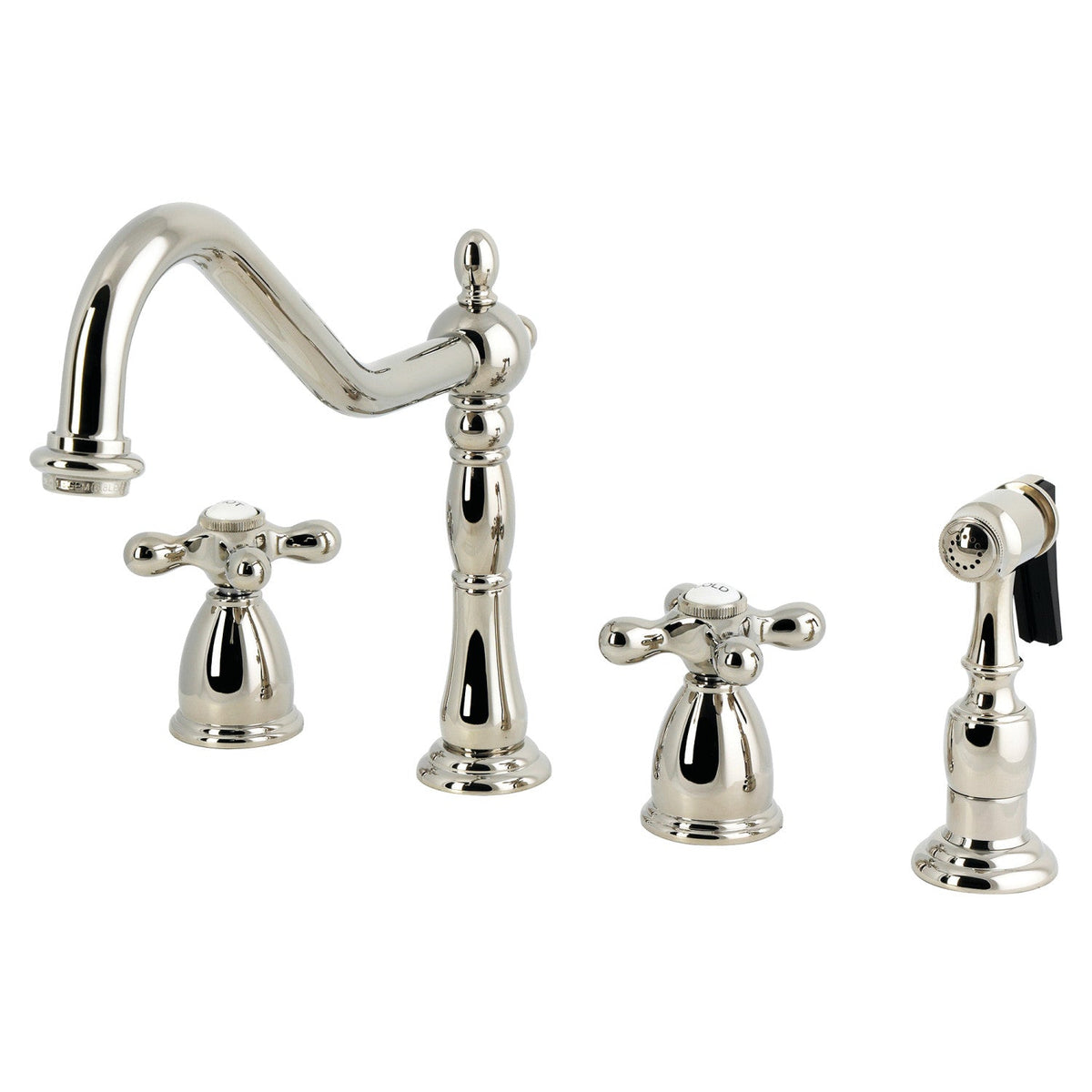Heritage Double-Handle Widespread Kitchen Faucet with Brass Sprayer in Polished Nickel