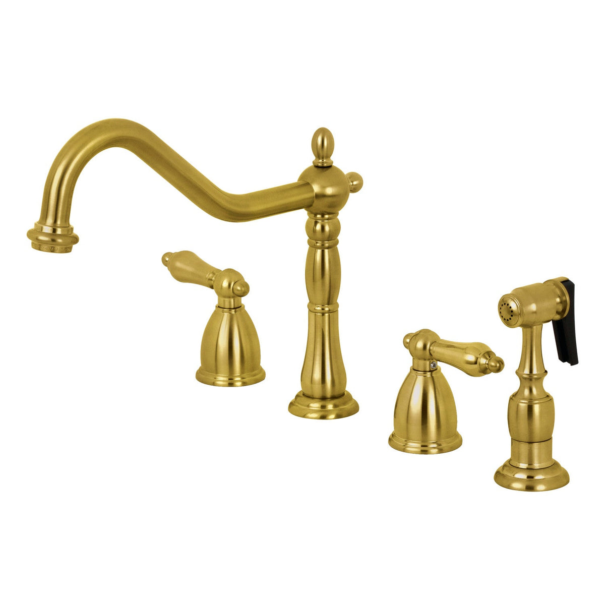 Heritage Double-Handle Widespread Kitchen Faucet with Brass Sprayer in Brushed Brass