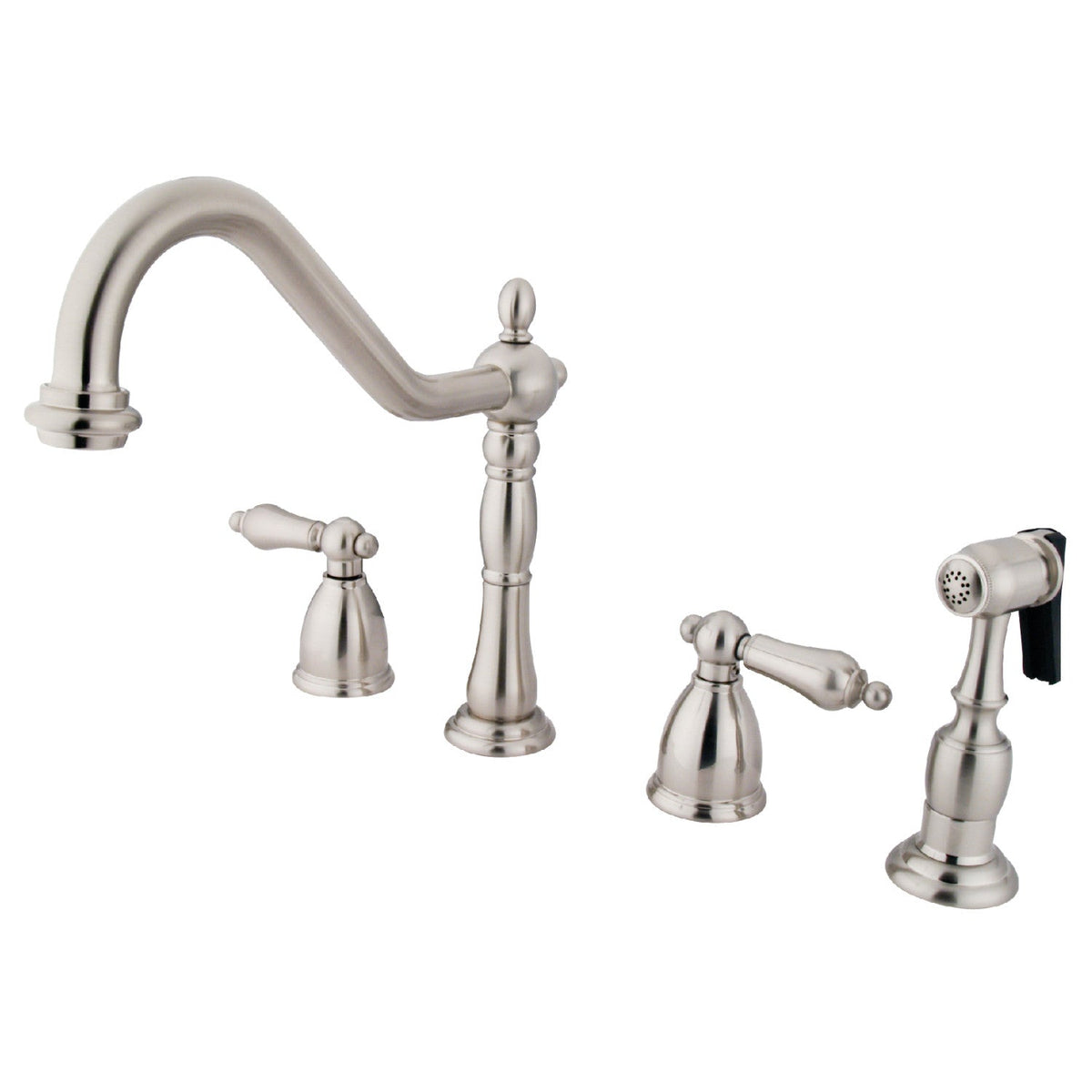 Heritage Double-Handle Widespread Kitchen Faucet with Brass Sprayer in Brushed Nickel