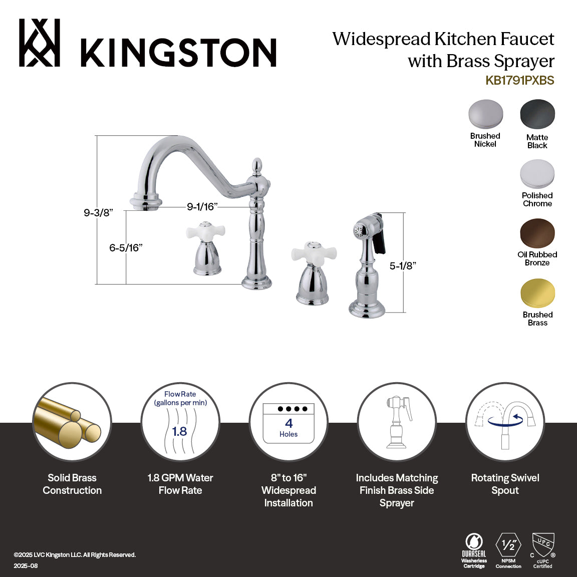 Heritage Double-Handle Widespread Kitchen Faucet with Brass Sprayer in Brushed Nickel