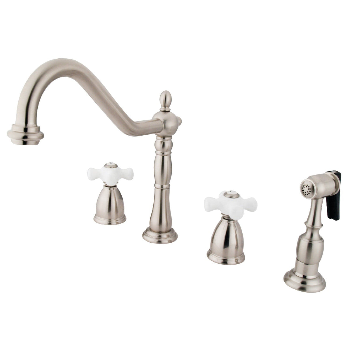 Heritage Double-Handle Widespread Kitchen Faucet with Brass Sprayer in Brushed Nickel