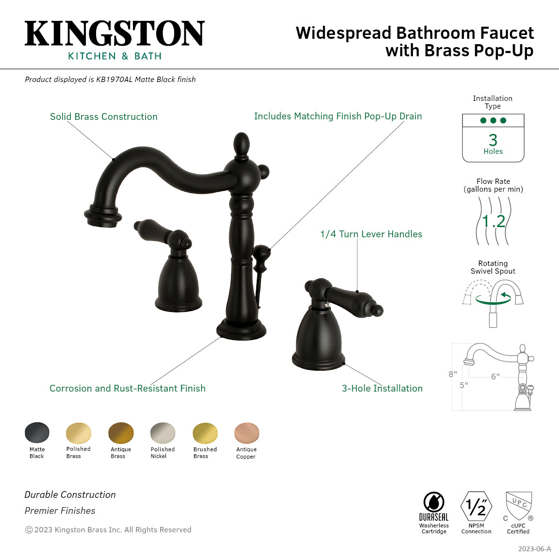 Heritage Widespread Bathroom Faucet with Brass Pop-Up in Matte Black