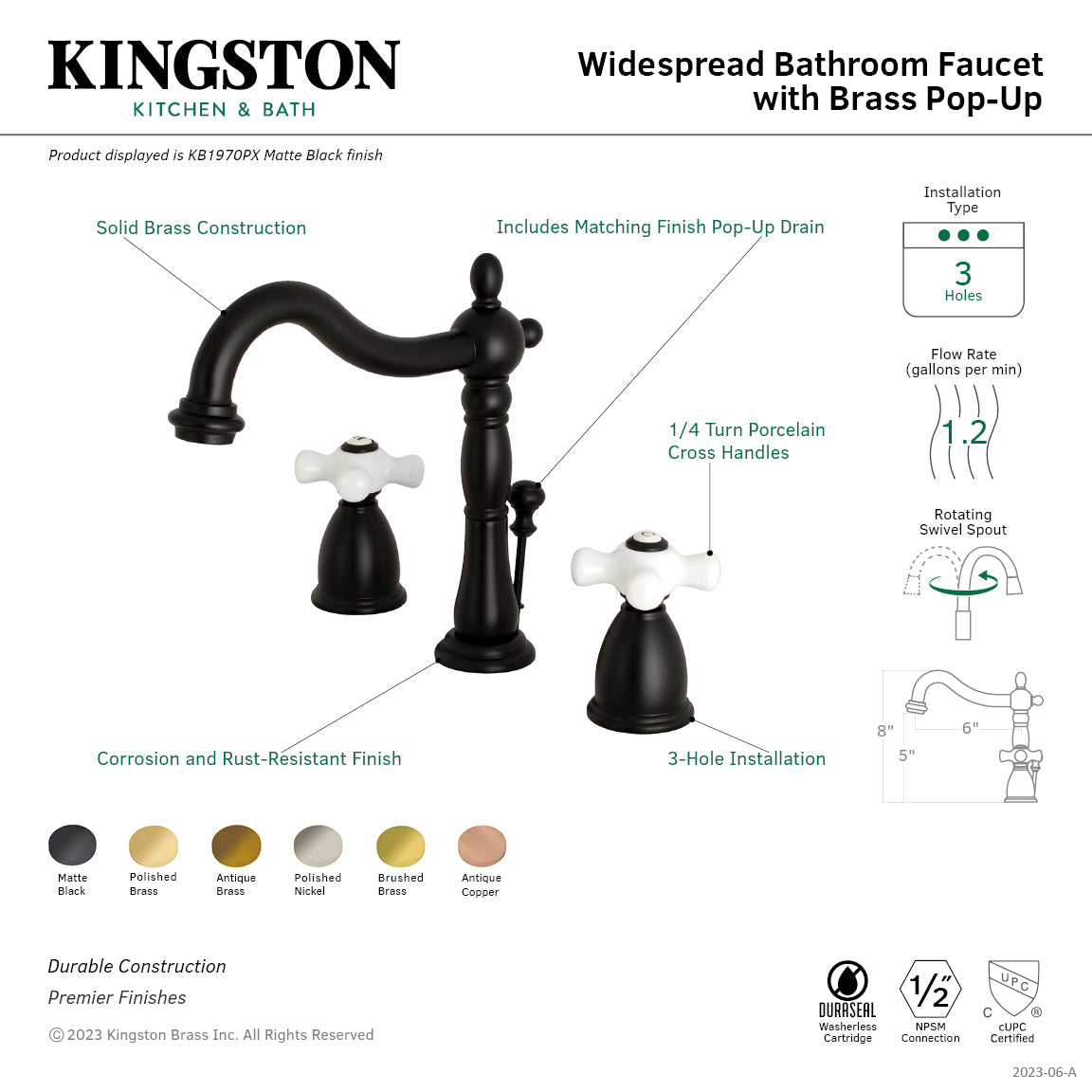 Heritage Widespread Bathroom Faucet with Brass Pop-Up in Matte Black