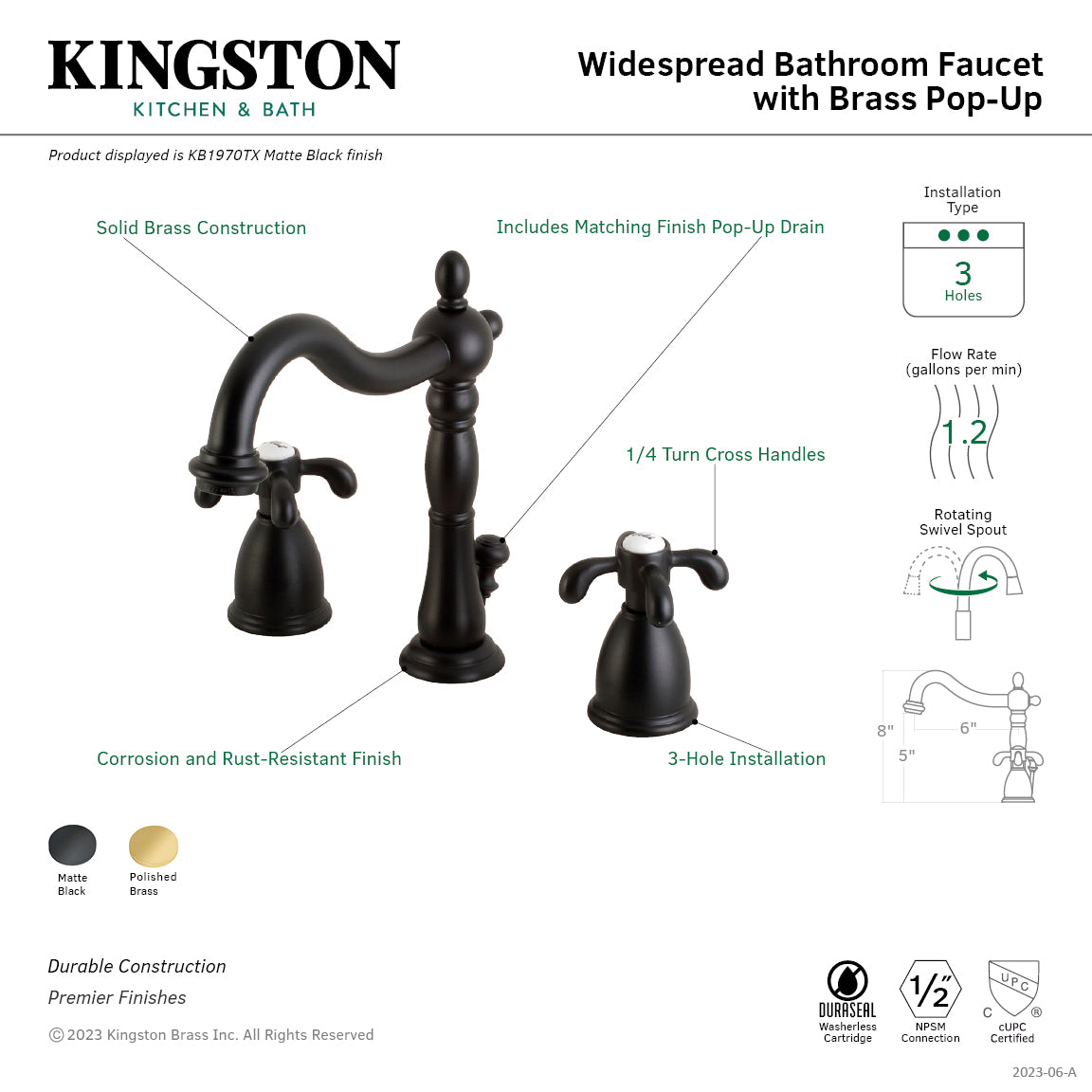 French Country Widespread Bathroom Faucet with Brass Pop-Up in Matte Black