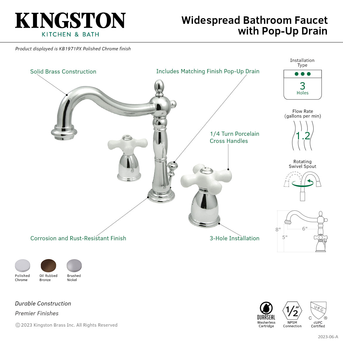 Heritage Widespread Bathroom Faucet with Pop-Up Drain in Polished Chrome