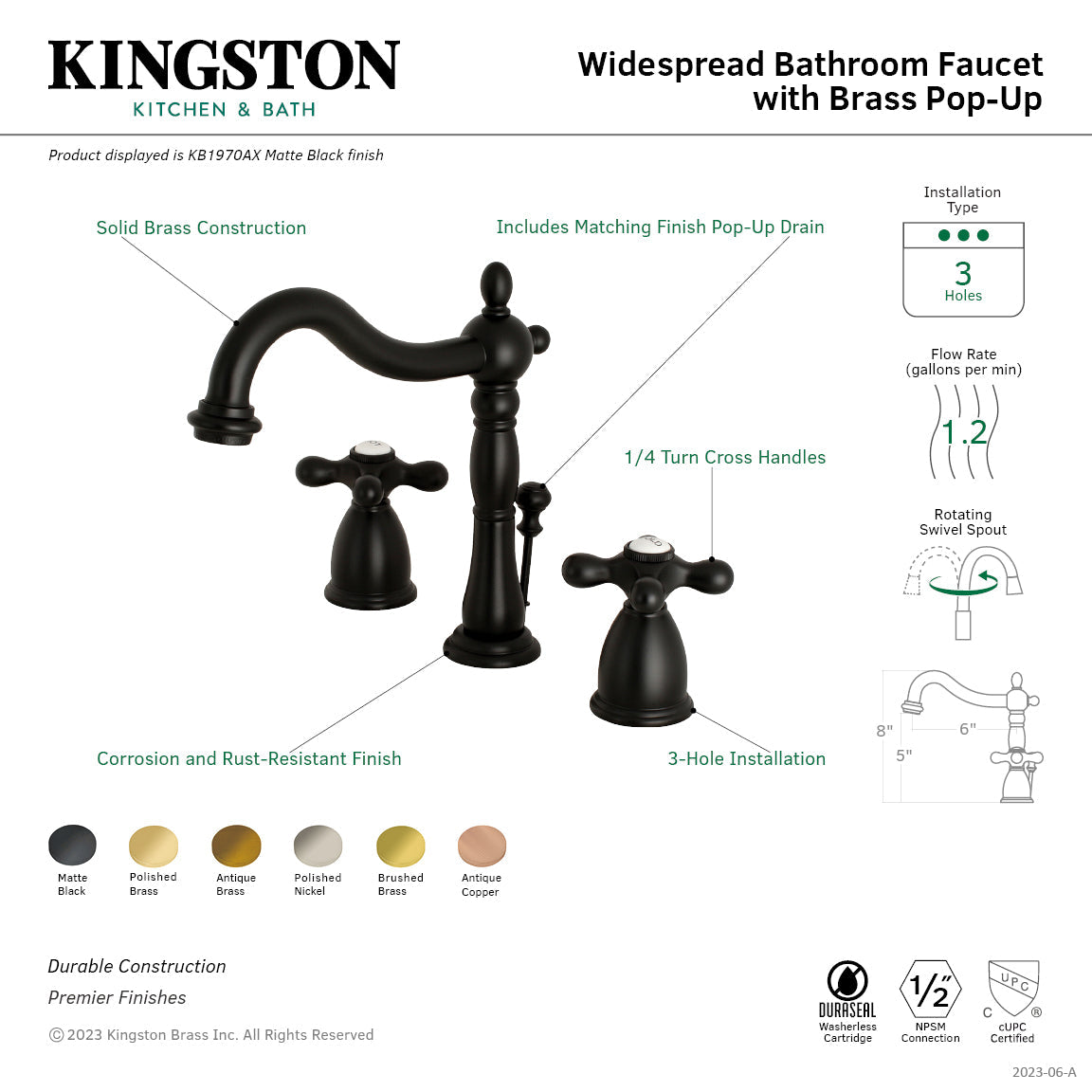 Heritage Widespread Bathroom Faucet with Brass Pop-Up in Polished Brass