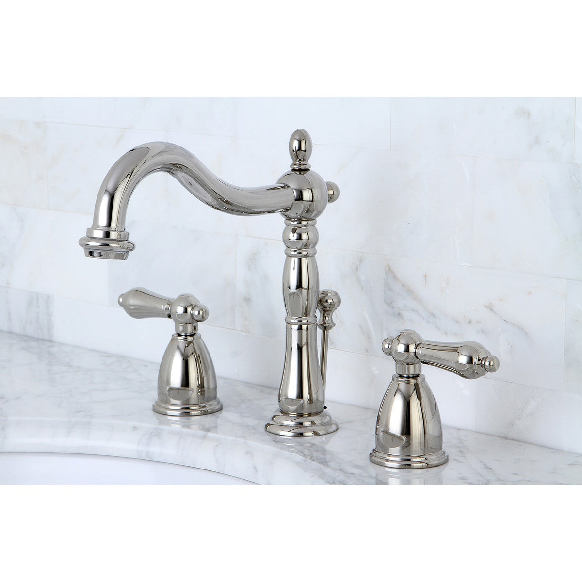 Heritage Widespread Bathroom Faucet with Brass Pop-Up in Polished Nickel