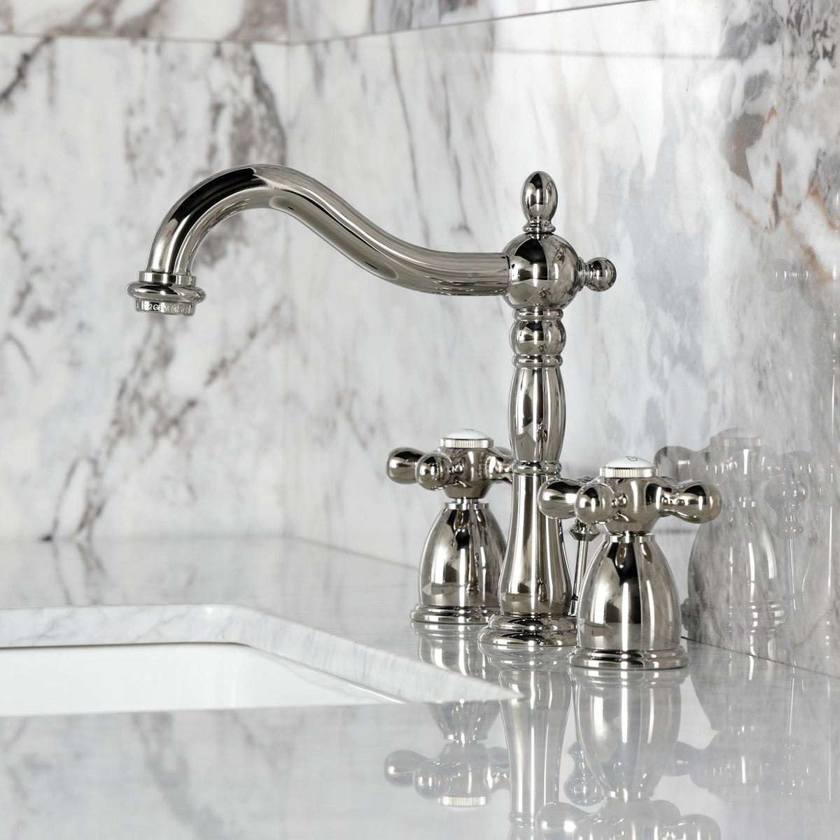 Heritage Widespread Bathroom Faucet with Brass Pop-Up in Polished Nickel