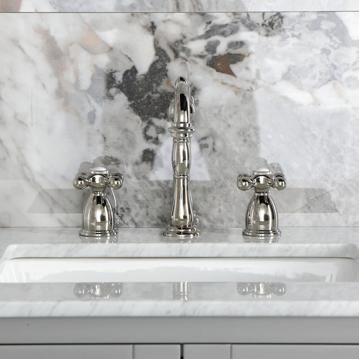 Heritage Widespread Bathroom Faucet with Brass Pop-Up in Polished Nickel