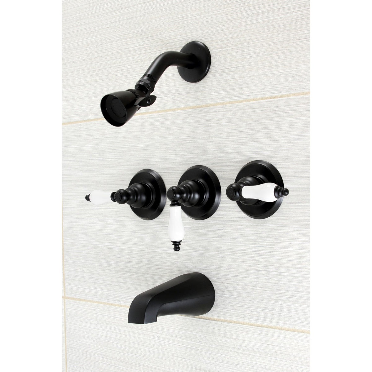 Victorian Triple-Handle Tub and Shower Faucet in Matte Black