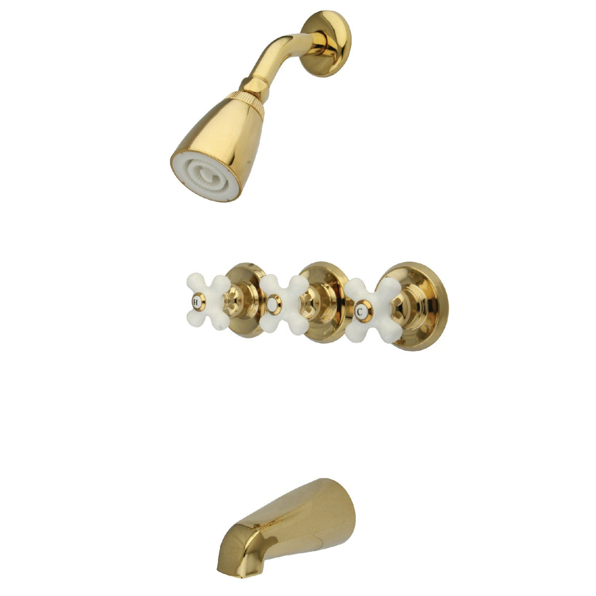 Victorian Triple-Handle Tub and Shower Faucet in Polished Brass