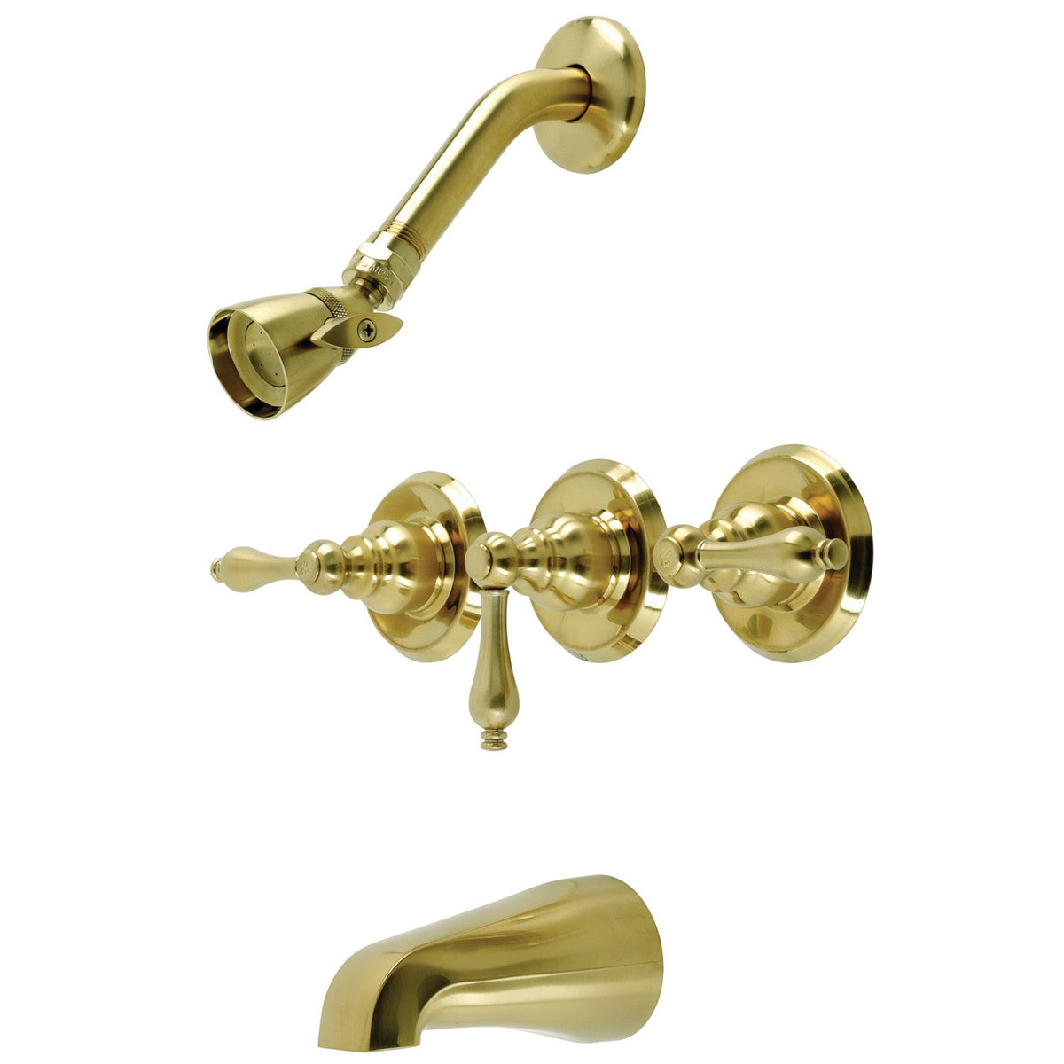 Victorian Triple-Handle Tub and Shower Faucet in Brushed Brass