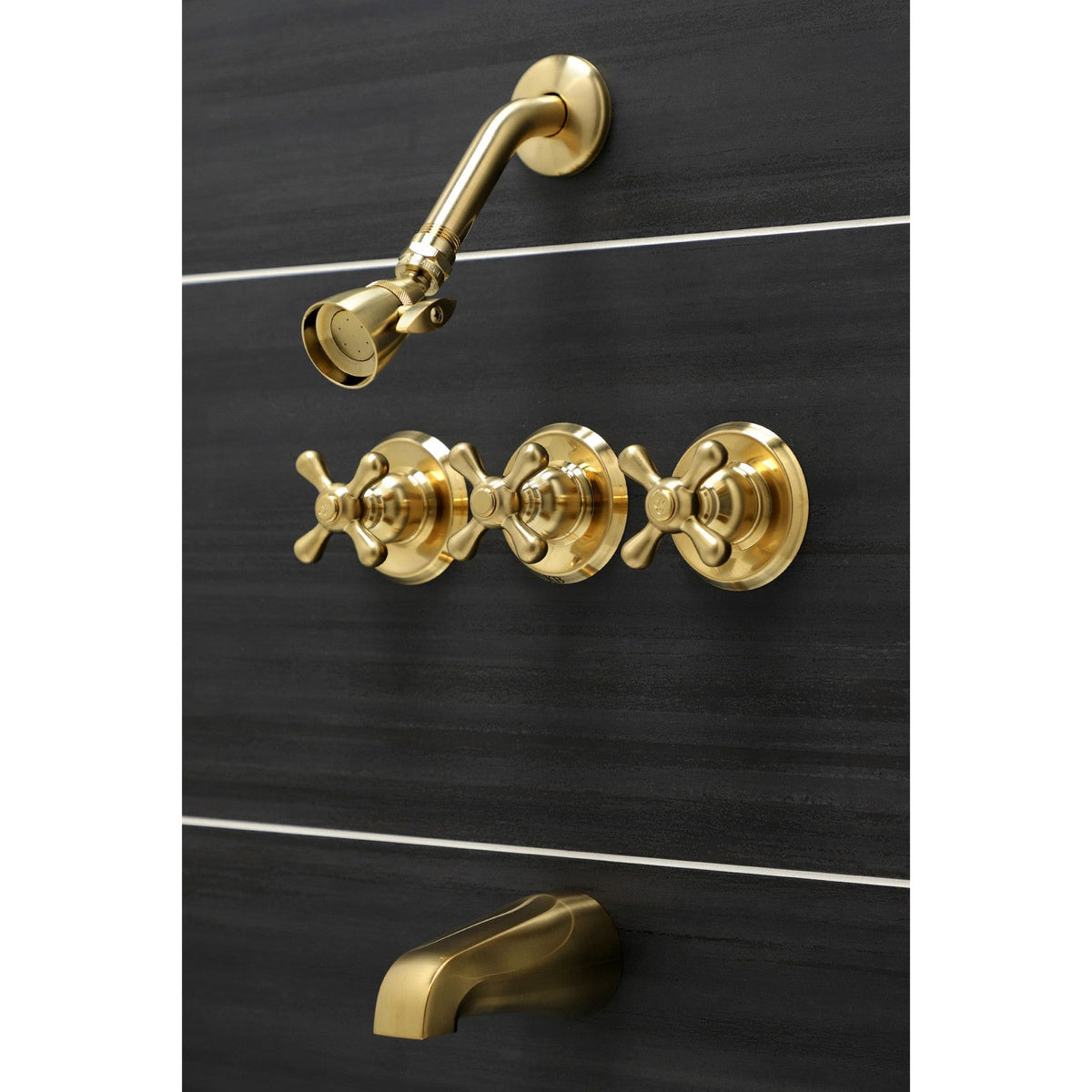 Victorian Triple-Handle Tub and Shower Faucet in Brushed Brass