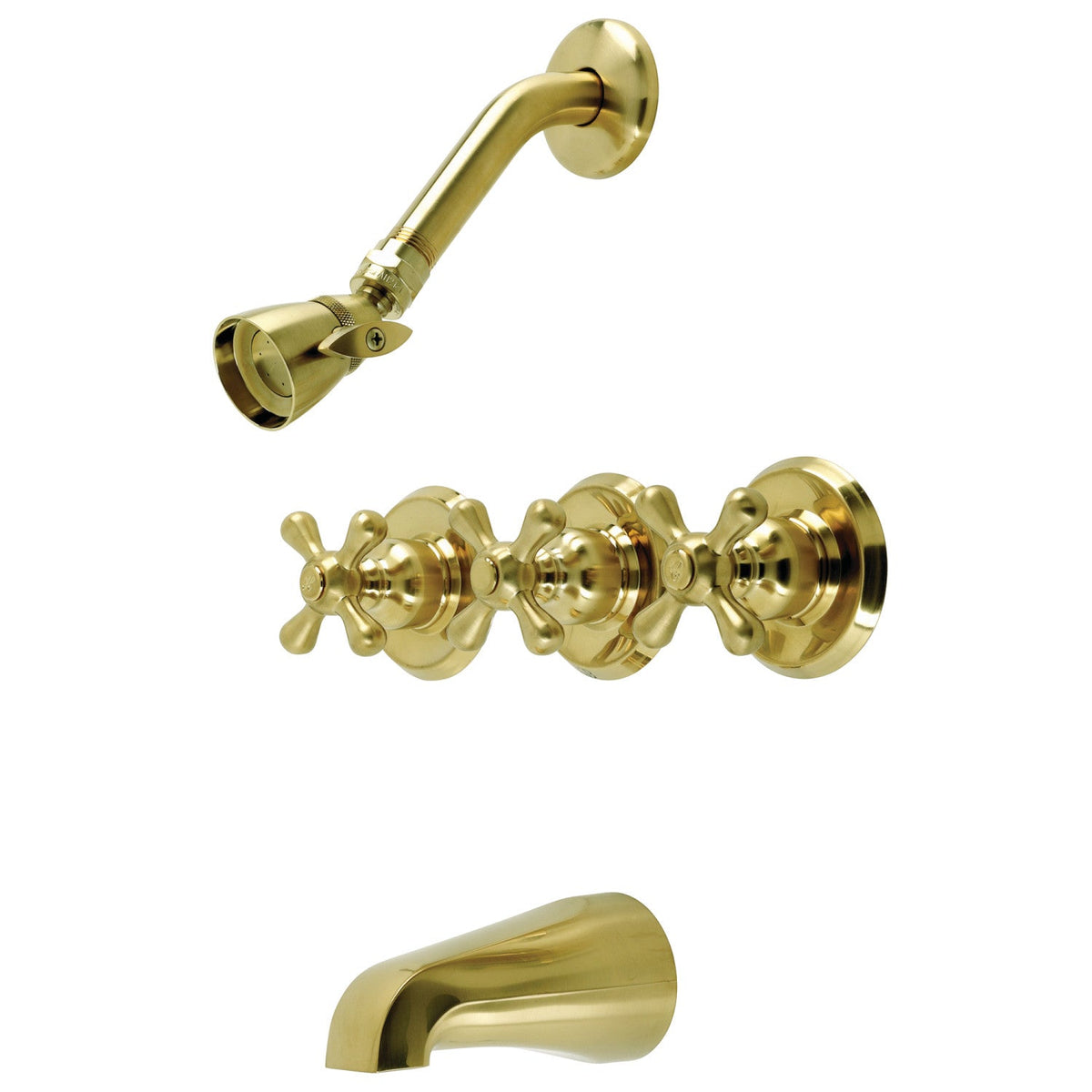 Victorian Triple-Handle Tub and Shower Faucet in Brushed Brass