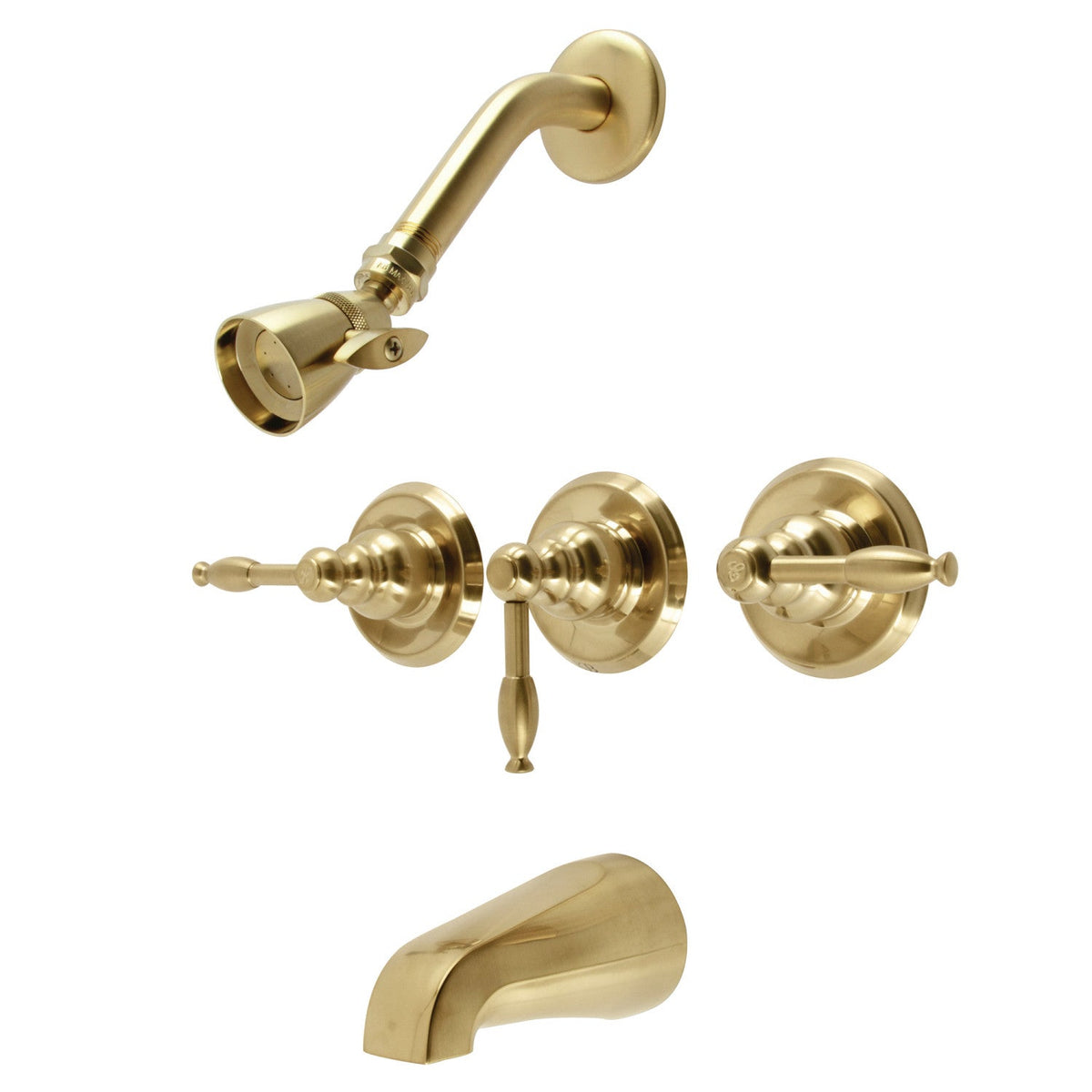 Knight Triple-Handle Tub and Shower Faucet in Brushed Brass