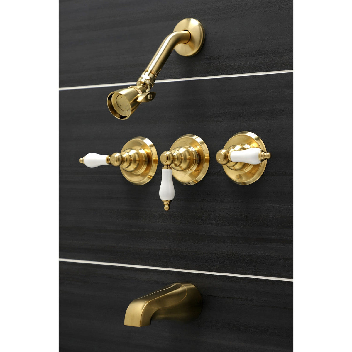 Victorian Triple-Handle Tub and Shower Faucet in Brushed Brass