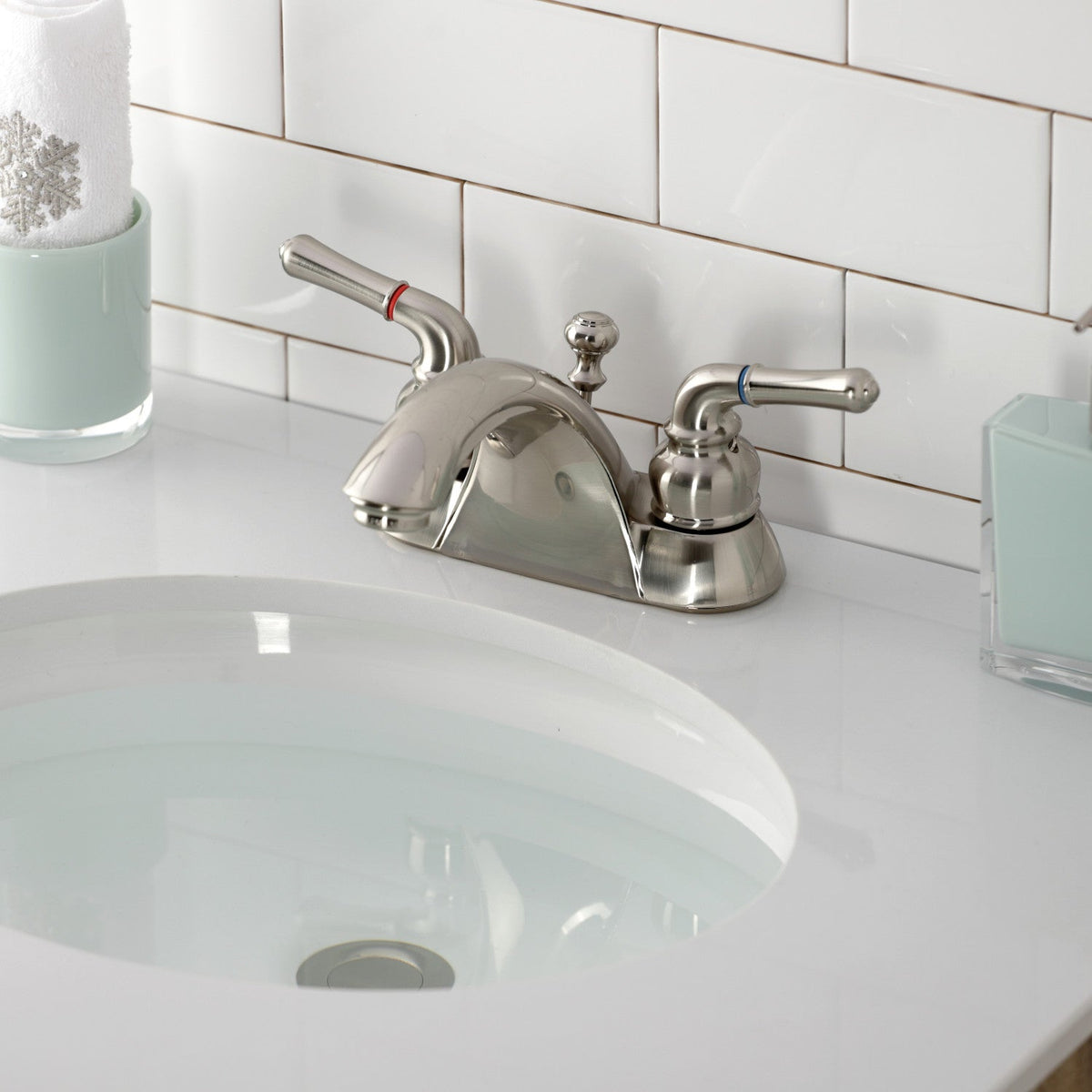Naples Double-Handle 4" Centerset Bathroom Faucet with ABS Pop-Up Drain in Brushed Nickel