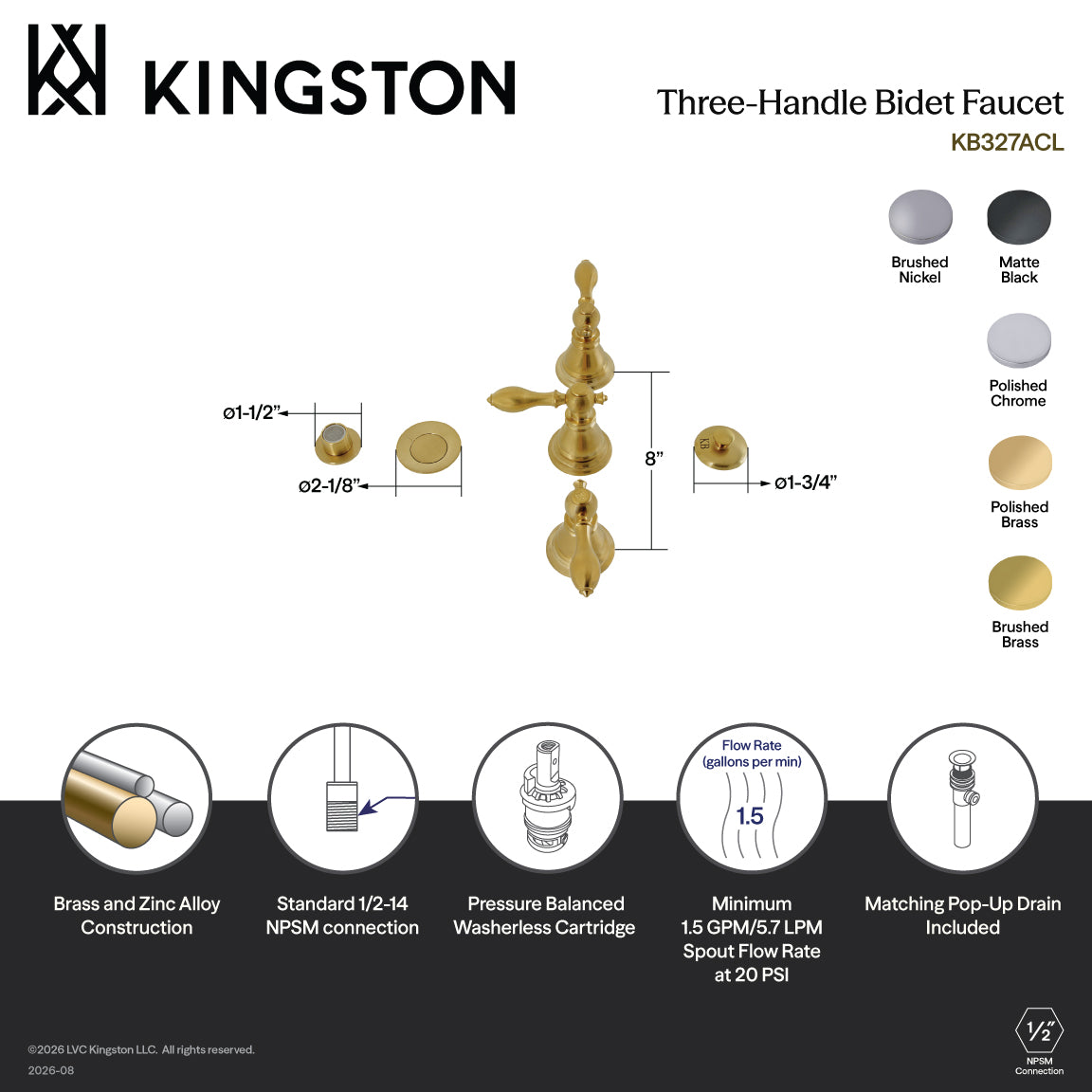 American Classic Three-Handle Bidet Faucet with Brass Pop-Up in Polished Brass