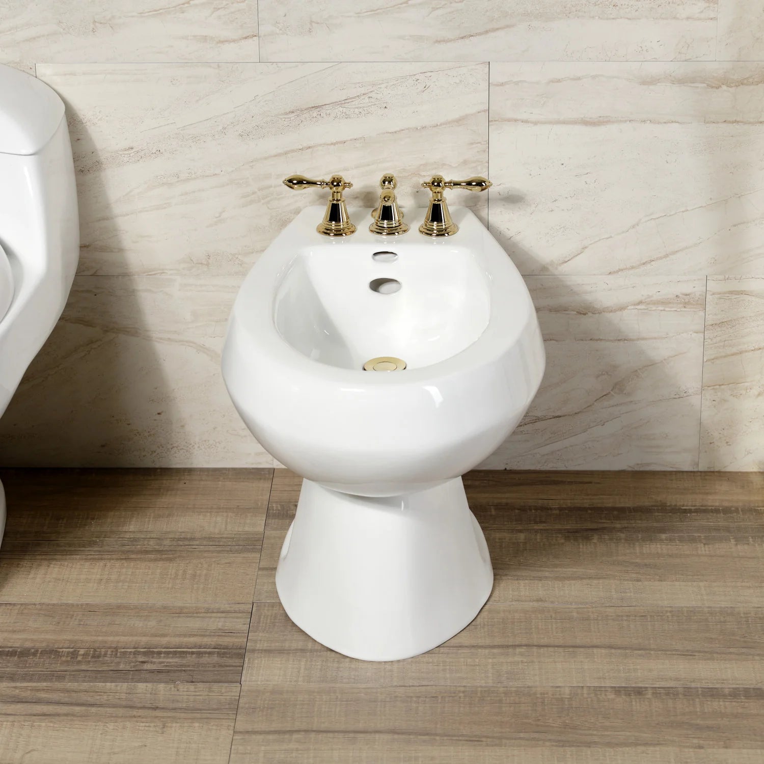 Polished brass three-handle bidet faucet mounted over a white bidet bowl