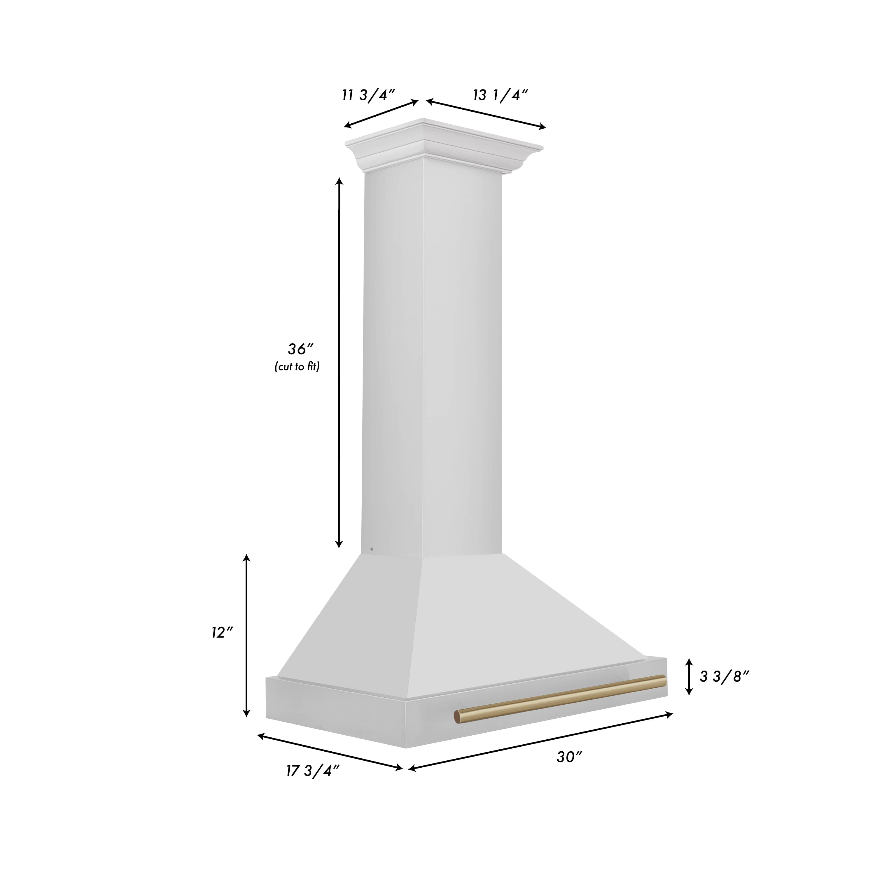 Chimney range hood size diagram with 30-in base and champagne bronze vent trim