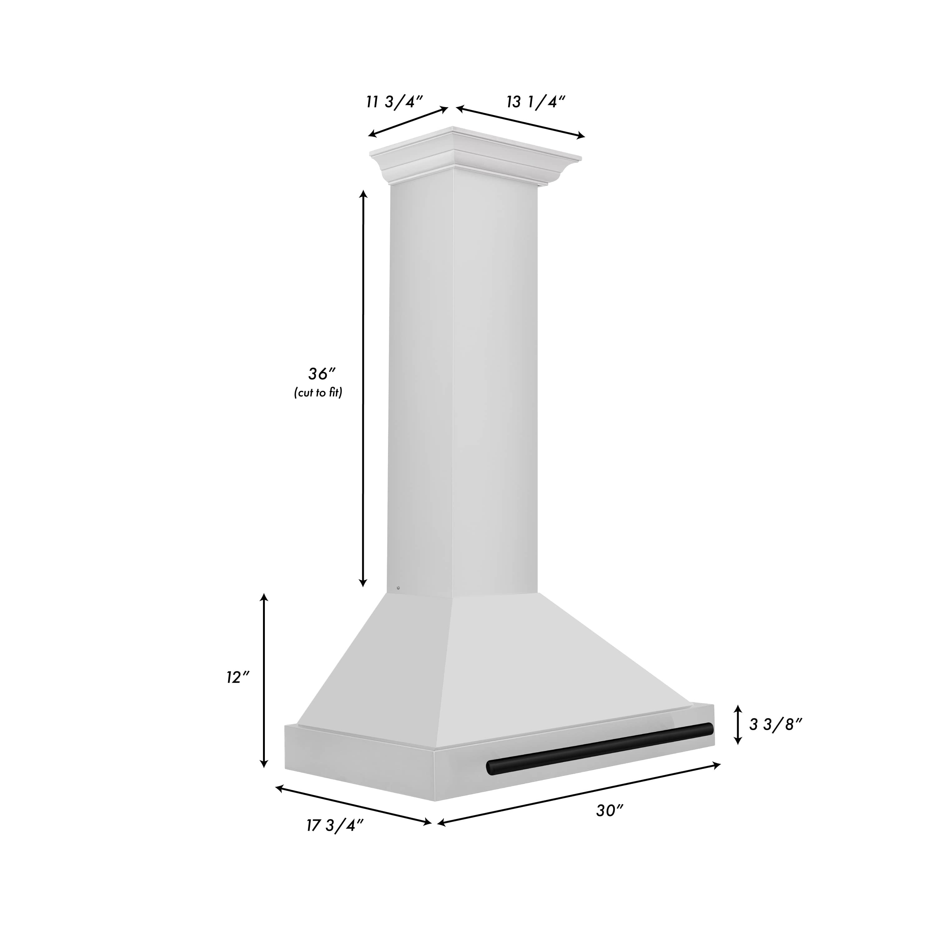 White wall mount range hood dimensions diagram with black vent bar