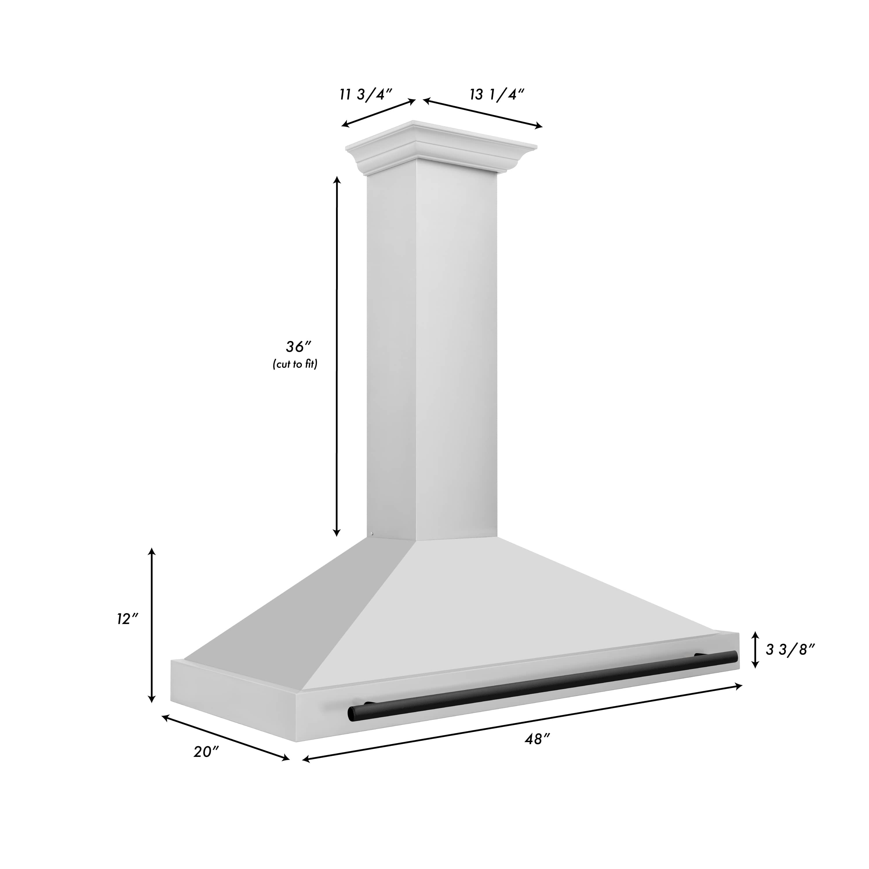 Range hood dimensions diagram, 48 in wide with 36 in hood height