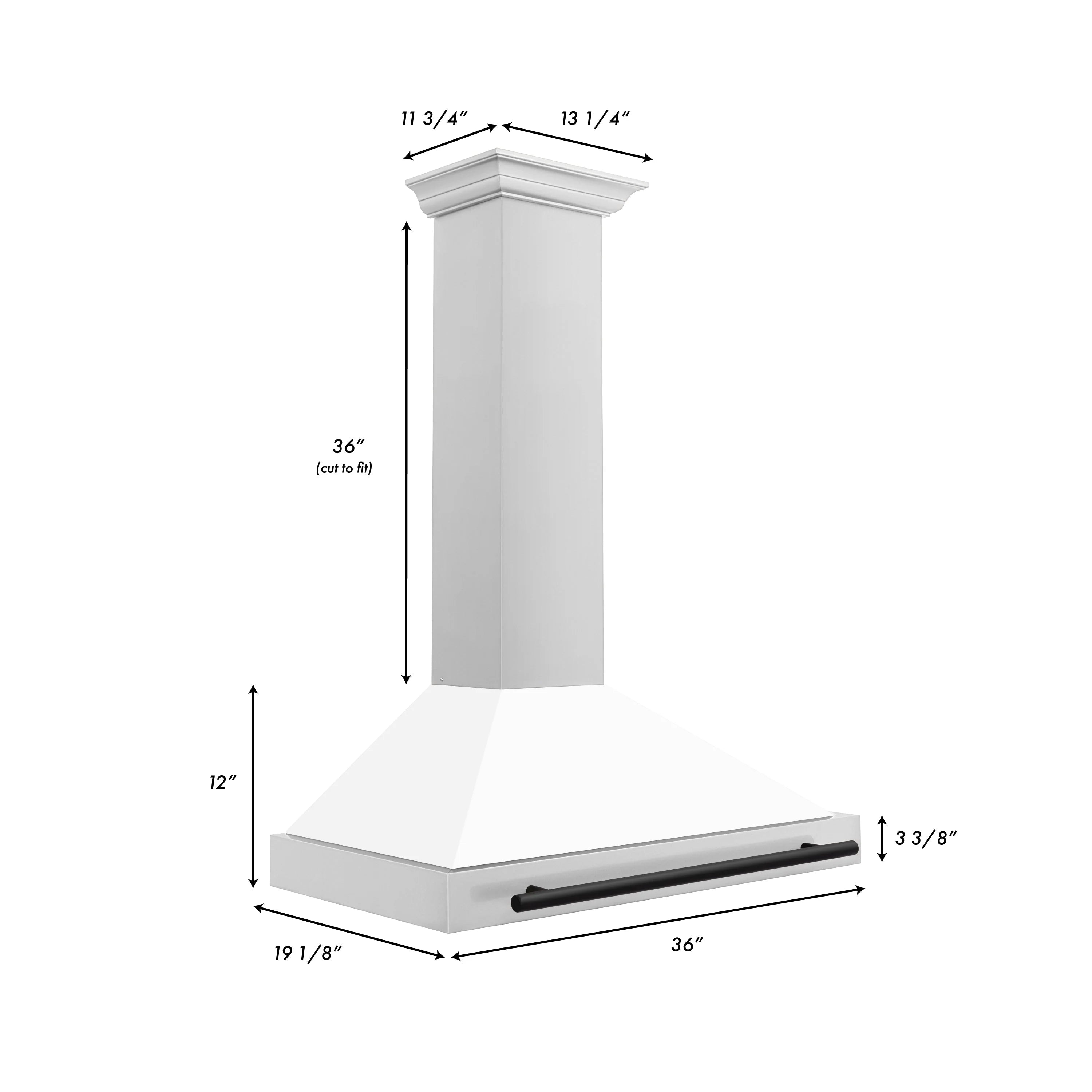 Wall-mounted range hood size diagram with white matte chimney and black vent bar