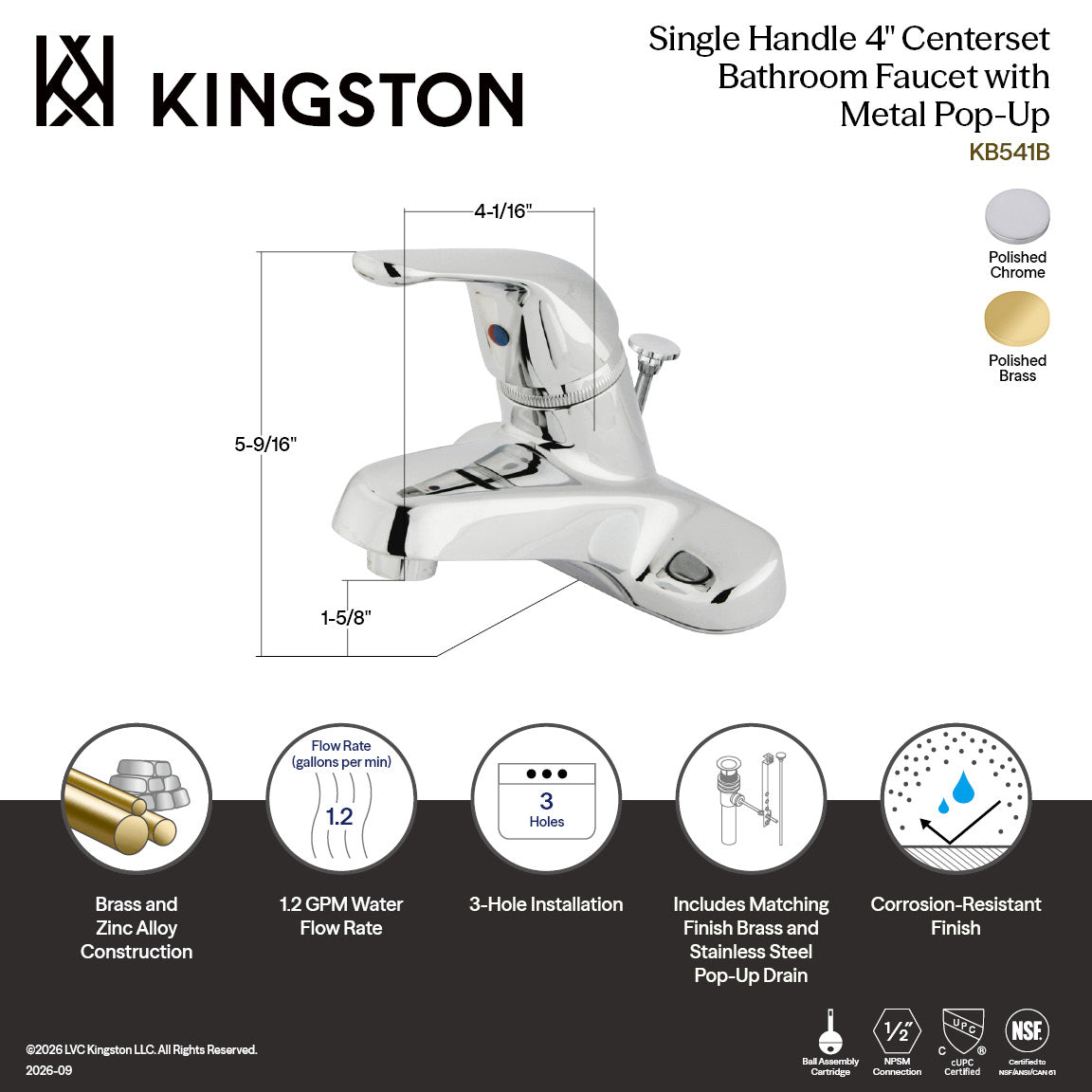 Chatham Single-Handle 4" Centerset Bathroom Faucet with Brass Pop-Up in Polished Brass