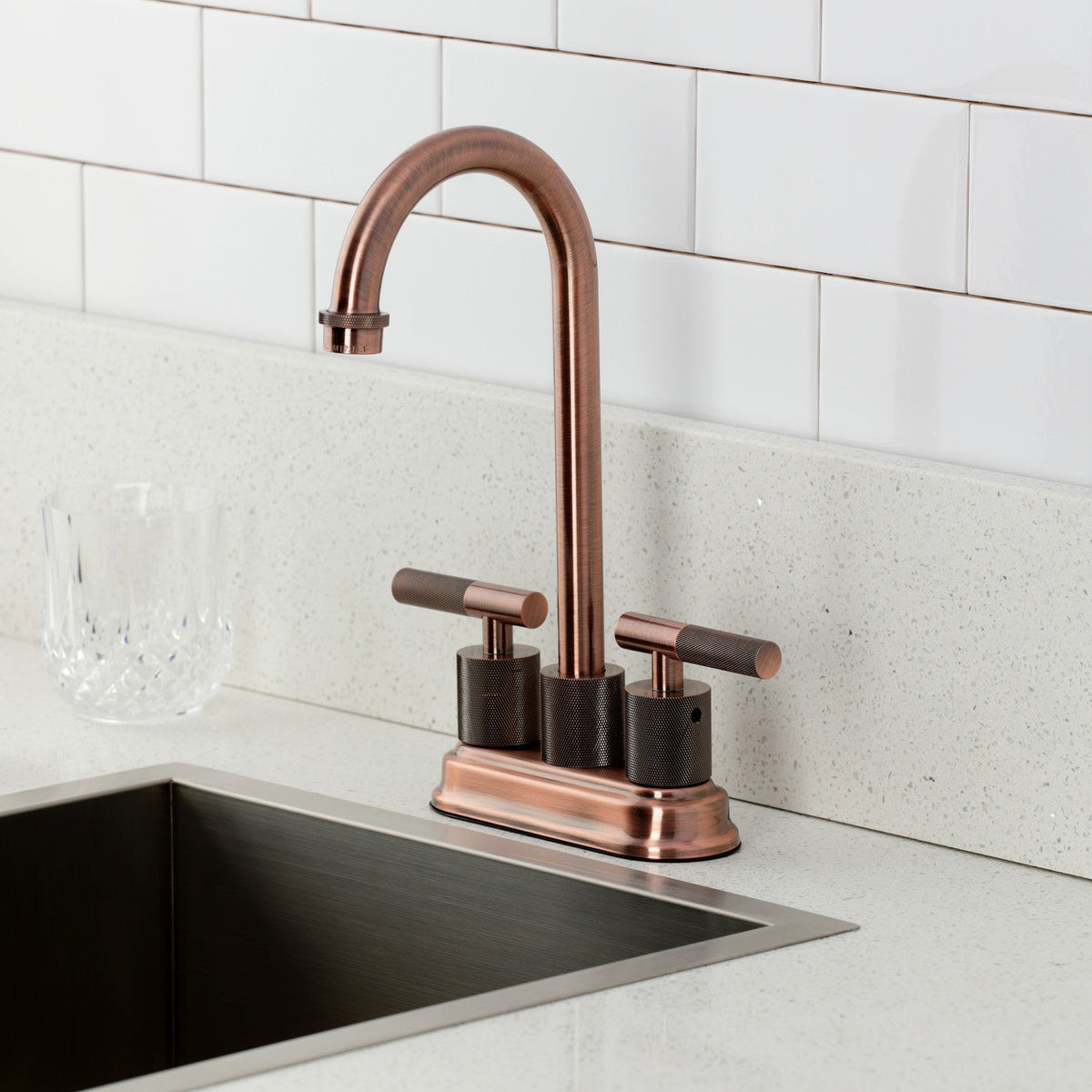 Convergent Double-Handle 4" Centerset Bar Faucet with Knurled Handle in Antique Copper