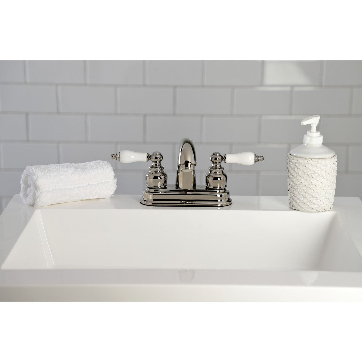 Restoration Double-Handle 4" Centerset Bathroom Faucet with Pop-Up Drain in Polished Nickel
