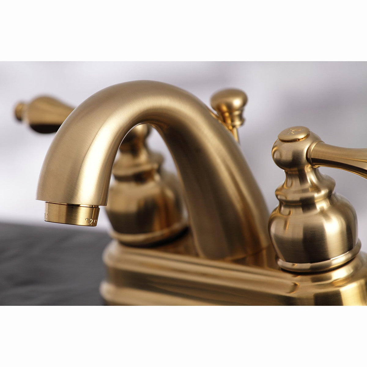 Restoration Double-Handle 4" Centerset Bathroom Faucet with Pop-Up Drain in Brushed Brass