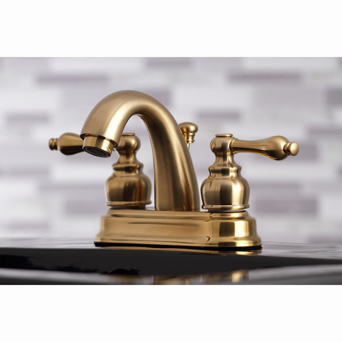 Restoration Double-Handle 4" Centerset Bathroom Faucet with Pop-Up Drain in Brushed Brass