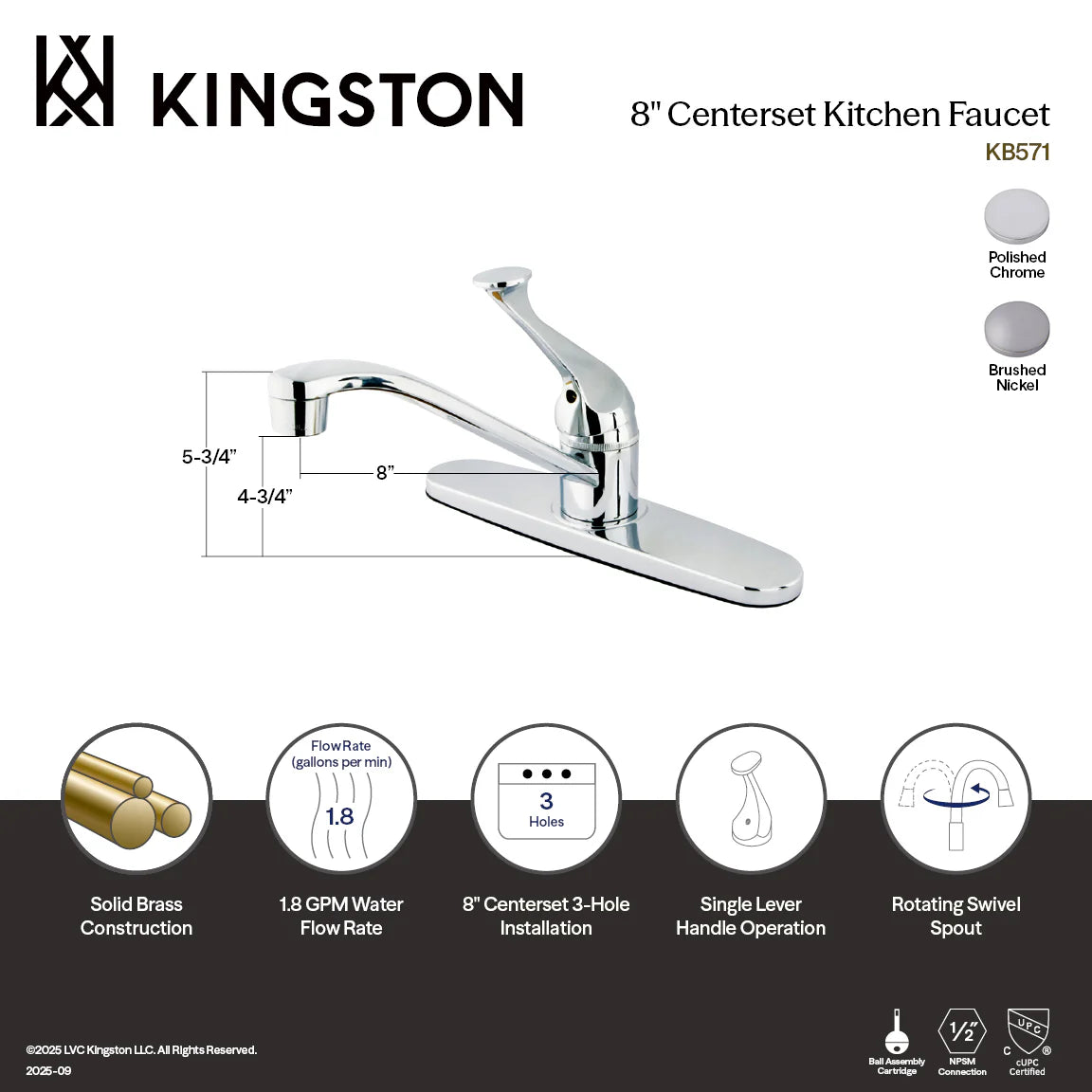 Polished chrome 8" centerset kitchen faucet with single lever handle, side view
