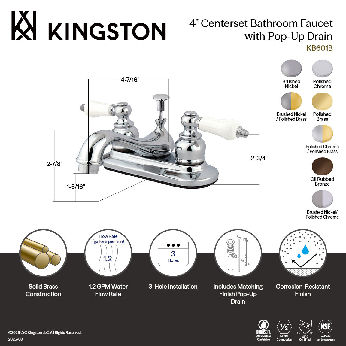 Restoration Double-Handle 4" Centerset Bathroom Faucet with Pop-Up Drain in Polished Brass
